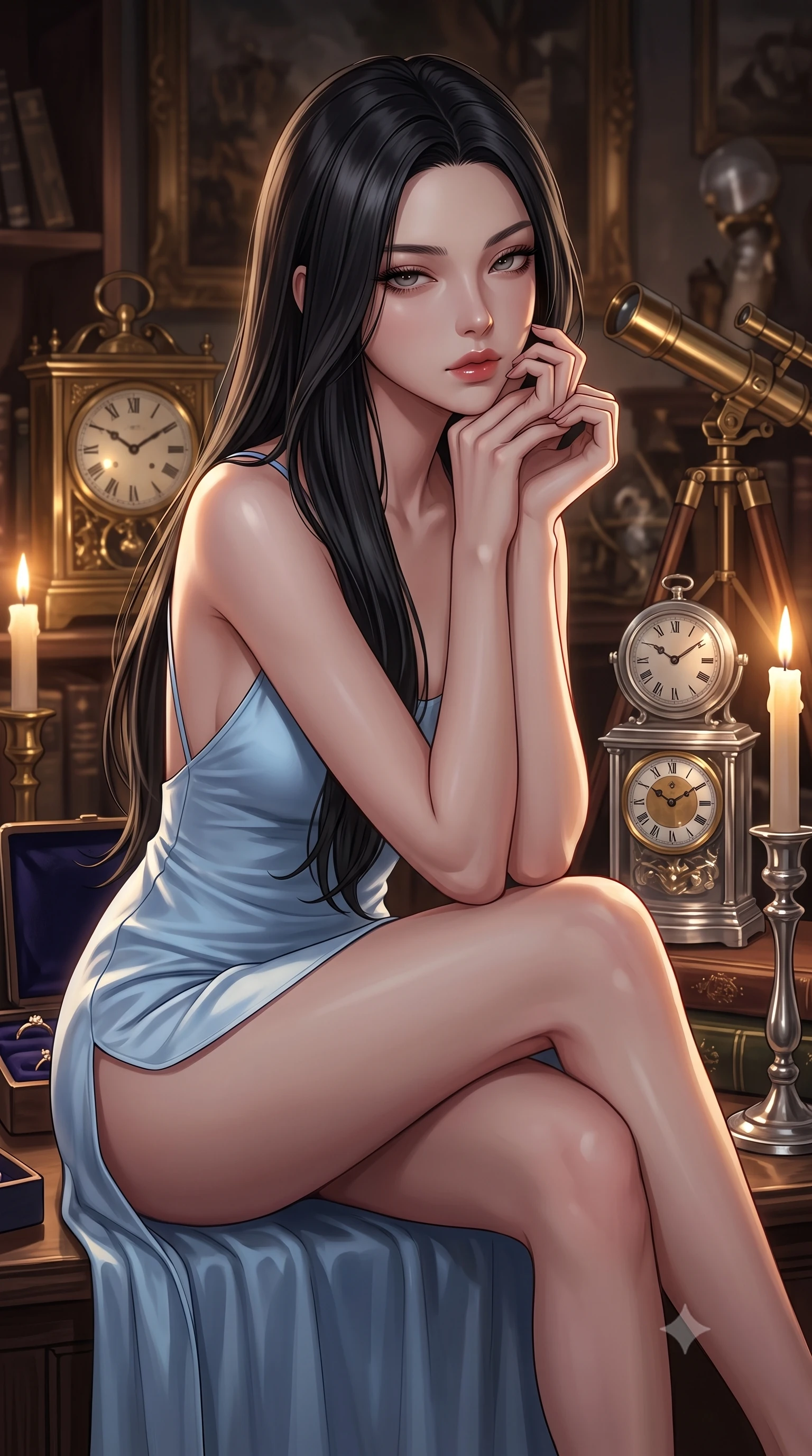 score_9, masterpiece, best quality, ultra-detailed, high-budget anime keyframe, editorial fashion photography, tasteful artistic composition, Korean woman. close-up cowboy shot from the waist and thighs up, the character dominates the composition, filling the frame with her large presence, background elements kept in soft focus. resting her chin on the backs of her fingers, casting a heavy-lidded, sultry look past the camera the background shows a soft-focus an antique shop corner filled with vintage clocks, telescopes, and velvet boxes. She has an exceptionally elegant, slender, and willowy female figure with an ultra-slim waist, a gracefully sculpted slender torso, and a refined silhouette. sharp v-shaped jawline, high-bridge nose, intricate jewel-like eyes with depth, thick eyelashes, glossy lips with a natural sheen. wearing a tailored lightweight silk slip dress in baby blue with a high side slit and a low-cut back. warm candlelight casting dramatic shadows on the brass instruments. ultra-reflective glossy finish, specular highlights, metallic sheen, high-contrast stereoscopic depth, volumetric dynamic lighting, 2k, ultra detail, master piece, 9:16 ratio