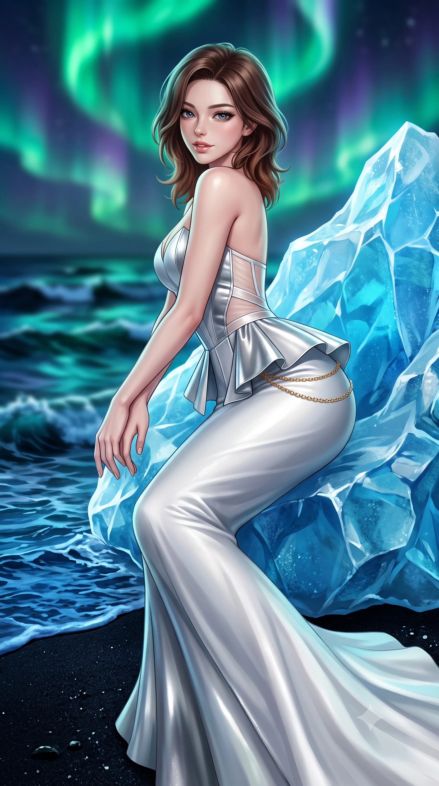 score_9, masterpiece, best quality, ultra-detailed, high-budget anime keyframe, semi-realistic 3D game render, editorial fashion photography, tasteful artistic composition, Korean woman. close-up cowboy shot from the waist and thighs up, the character dominates the composition, filling the frame with her large presence. turning over a bare shoulder with an intoxicating, teasing smile, her soft hair framing her sharp jawline as her hips angle gracefully while reclining against a massive crystal-clear blue iceberg stranded on the jet-black volcanic sand, arching her spine as Arctic waves lap near her feet. The composition keeps background elements in soft focus with creamy bokeh. swirling emerald and violet aurora ribbons and dark Arctic ocean breakers blurred into luminous teal, sapphire, and obsidian bokeh. She has an exceptionally elegant, slender, and willowy female figure with an ultra-slim waist, flat toned midriff, narrow ribcage, and sculpted feminine hips creating an alluring, slim hourglass silhouette without bulk. sharp v-shaped jawline, high-bridge nose, intricate jewel-like eyes with depth, thick eyelashes, glossy parted lips with a natural sheen, intensely captivating and seductive bedroom-eyes expression, flawlessly proportioned anatomical accuracy, strict slender model proportions, natural body alignment, perfectly sculpted long slender limbs, ultra-slim waistline, clean dynamic posture without body distortion. wearing a structural geometric peplum gown with sheer side-ribbon cutouts and form-fitting skirt in shimmering silver mercury and pearl white, made of fluid silk crepe with delicate inner corsetry boning, accented with a delicate gold chain belt resting loosely on her curvy hips, the glove-like aerodynamic silhouette tightly following the natural contour of her hips and long slender legs with statuesque 8.5-heads elegance. bathed in vibrant emerald aurora backlighting from above and cool silver twilight sea reflections. highly saturated vibrant anime colors, detailed shading with soft gradients, rich glossy textures, high-contrast stereoscopic depth, volumetric dynamic lighting, master piece, 9:16 ratio