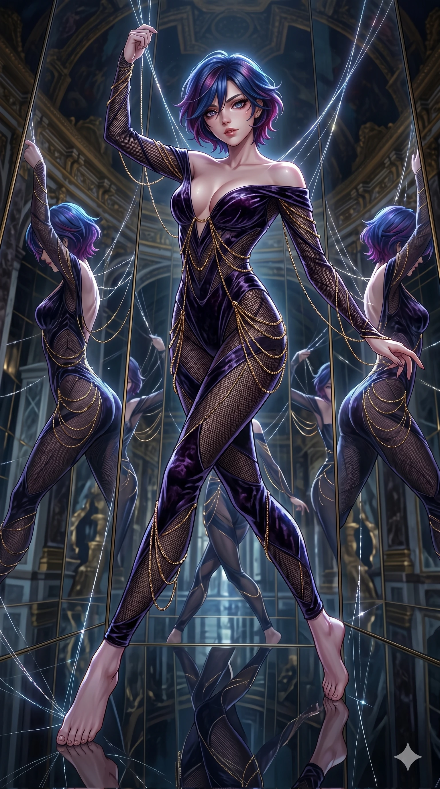 score_9, masterpiece, best quality, ultra-detailed, High-budget Anime Keyframe, East Asian woman. Dynamic full-body shot stretching the vertical silhouette to the limit. Scenario 276: Suspended by invisible silk threads in a hall of mirrors. Her presence is magnetic and overpowering in this high-budget anime scene. Outfit 276: A crushed dark velvet mesh with a low-cut shoulder and fine gold chains. The clothing is designed to emphasize her exceptionally tall and slender 8-heads proportion. 8-heads proportion, towering silhouette, ultra-slim waist. sharp v-shaped jawline, intricate jewel-like eyes with depth, thick eyelashes, glossy lips. 2k, ultra detail, master piece, 9:16 ratio