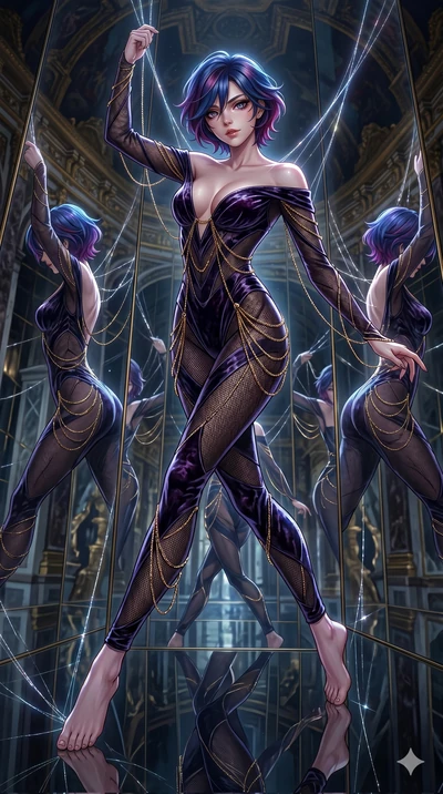 score_9, masterpiece, best quality, ultra-detailed, High-budget Anime Keyframe, East Asian woman. Dynamic full-body shot stretching the vertical silhouette to the limit. Scenario 276: Suspended by invisible silk threads in a hall of mirrors. Her pres