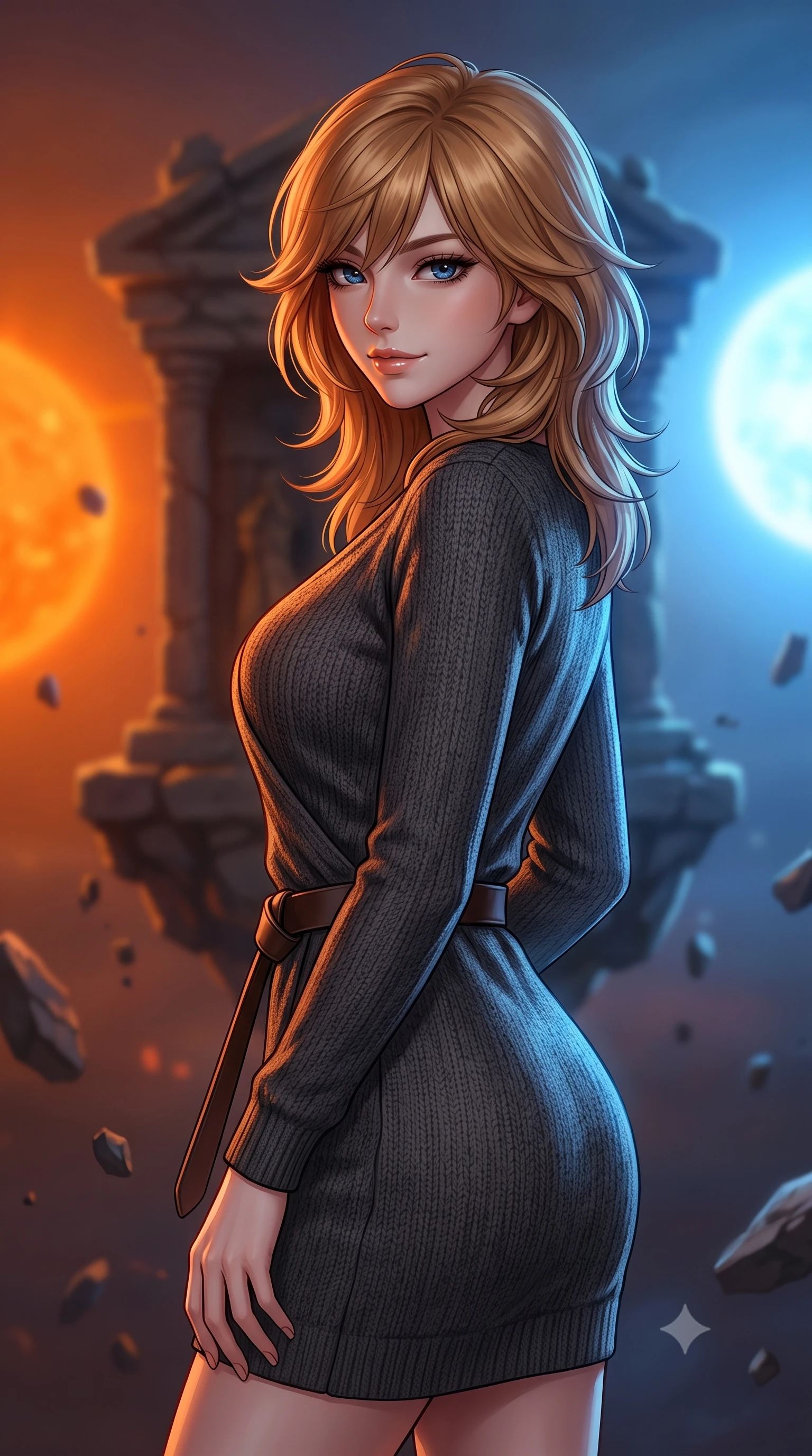 score_9, masterpiece, best quality, ultra-detailed, high-budget anime keyframe, editorial fashion photography, tasteful artistic composition, Korean woman. close-up cowboy shot from the waist and thighs up, the character dominates the composition, filling the frame with her large presence, background elements kept in soft focus. Glancing sidelong over her shoulder with a smoldering half-smile. set against a soft-focus background of a floating stone shrine suspended in the gravitational balance point between two suns one burning deep orange and the other brilliant blue creating a perpetual dual-colored twilight on every surface. She has an exceptionally elegant and slender, willowy female figure with an ultra-slim waist, a gracefully sculpted slender torso, and a refined slim physique. sharp v-shaped jawline, high-bridge nose, intricate jewel-like eyes with depth, thick eyelashes, glossy lips with a natural sheen. wearing a charcoal grey wrap-style knit dress in wool, cinched with a dark brown leather belt. dramatic split lighting with warm orange from the left and cool blue from the right meeting in complex color-mixing on every surface and on her skin. 2k, ultra detail, master piece, 9:16 ratio