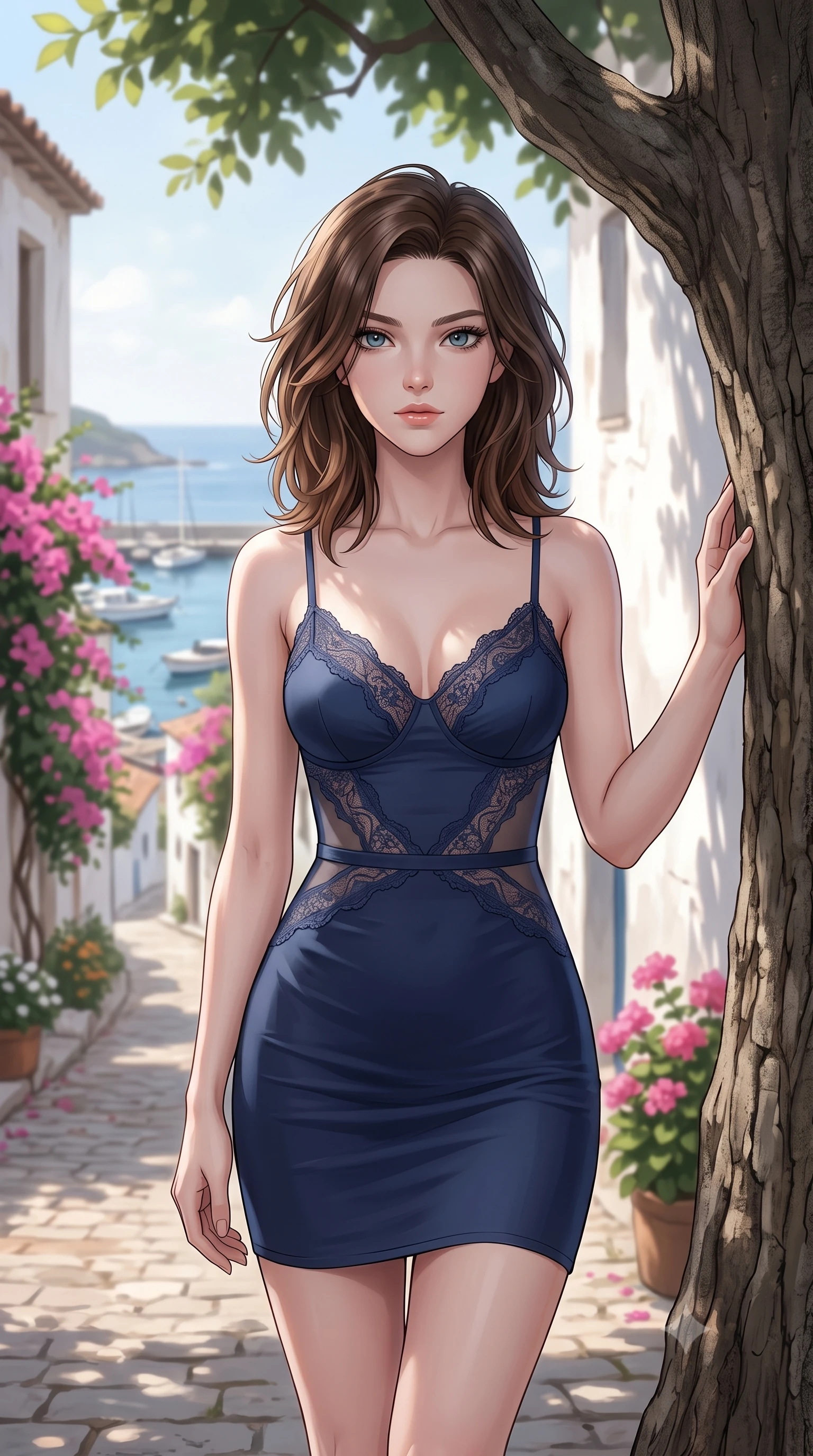 score_9, masterpiece, best quality, ultra-detailed, high-budget anime keyframe, editorial fashion photography, tasteful artistic composition, Korean woman woman. close-up cowboy shot from the waist and thighs up, the character dominates the composition, filling the frame with her large presence, background elements kept in soft focus. standing relaxed against a tree trunk, sharing a quiet, serene moment with the viewer the background shows a soft-focus a narrow paved street of a coastal village winding down to the harbor, lined with pink flowers. She has an exceptionally elegant, slender, and willowy female figure with an ultra-slim waist, a gracefully sculpted slender torso, and a refined silhouette. sharp v-shaped jawline, high-bridge nose, intricate jewel-like eyes with depth, thick eyelashes, glossy lips with a natural sheen. wearing a slim-fit delicate lace-accented slip dress in navy blue, featuring sheer panels along the waist. sunlight reflecting off white plaster walls, creating a bright fill light. 2k, ultra detail, master piece, 9:16 ratio