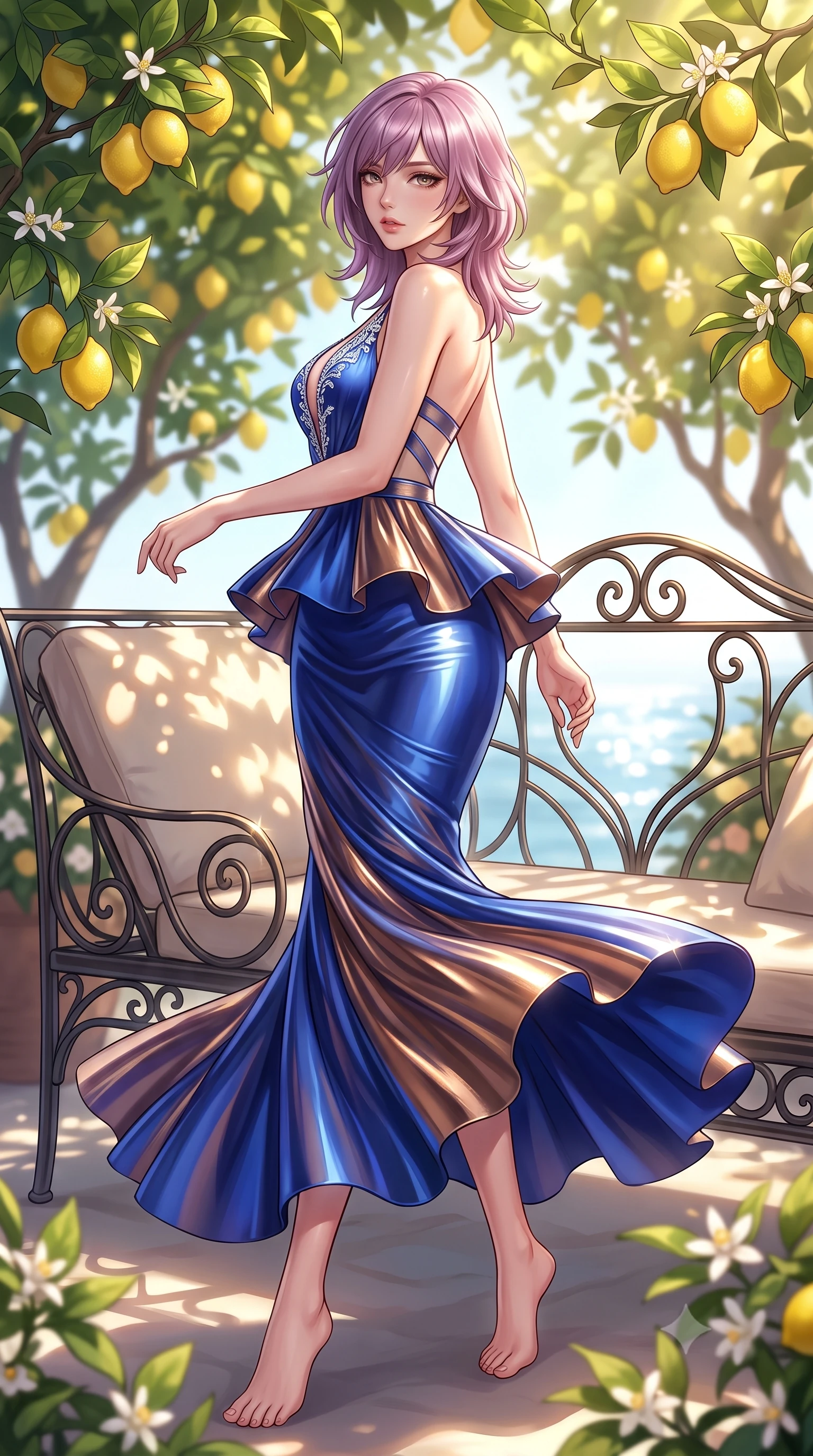 score_9, masterpiece, best quality, ultra-detailed, high-budget anime keyframe, semi-realistic 3D game render, editorial fashion photography, tasteful artistic composition, Japanese woman. low angle full-body shot from head to toe showing her feet, filling the entire 9:16 vertical frame with her statuesque presence, stretching her vertical silhouette. executing an elegant mid-motion pivot turn as garments swirl around her slender limbs, glancing over her shoulder with an intoxicating bedroom-gaze while reclining languidly across a wrought-iron sunbed under the leafy lemon canopy, her long slender legs and feminine curves bathed in dappled golden light. The composition keeps background elements in soft focus with creamy bokeh. clustering yellow lemons and fragrant white lemon blossoms softened in romantic Italian shallow focus. She has an exceptionally tall and slender model-like 8.5-heads proportion, an ultra-slim waist, a flat toned midriff, narrow delicate ribcage, and beautifully sculpted feminine hips creating a graceful, slim hourglass silhouette without any bulky heaviness, with impossibly long slender legs. sharp v-shaped jawline, high-bridge nose, intricate jewel-like eyes with depth, thick eyelashes, glossy parted lips with a natural sheen, intensely captivating and seductive bedroom-eyes expression, flawlessly proportioned anatomical accuracy, strict slender model proportions, natural body alignment, perfectly sculpted long slender limbs, ultra-slim waistline, clean dynamic posture without body distortion. wearing a structural geometric peplum gown with sheer side-ribbon cutouts and form-fitting skirt in royal sapphire blue and liquid bronze, crafted from luxurious metallic lamé that shifts radiance with every step, finished with delicate crystal frost embroidery tracing the plunging neckline, the second-skin form-contouring cut accentuating her sculpted flat midriff, narrow delicate ribcage, and gracefully curvy hips with supermodel precision. illuminated by intense specular sea surface glints defining her sculpted collarbones, narrow waist, and curvy hips. highly saturated vibrant anime colors, detailed shading with soft gradients, rich glossy textures, high-contrast stereoscopic depth, volumetric dynamic lighting, master piece, 9:16 ratio