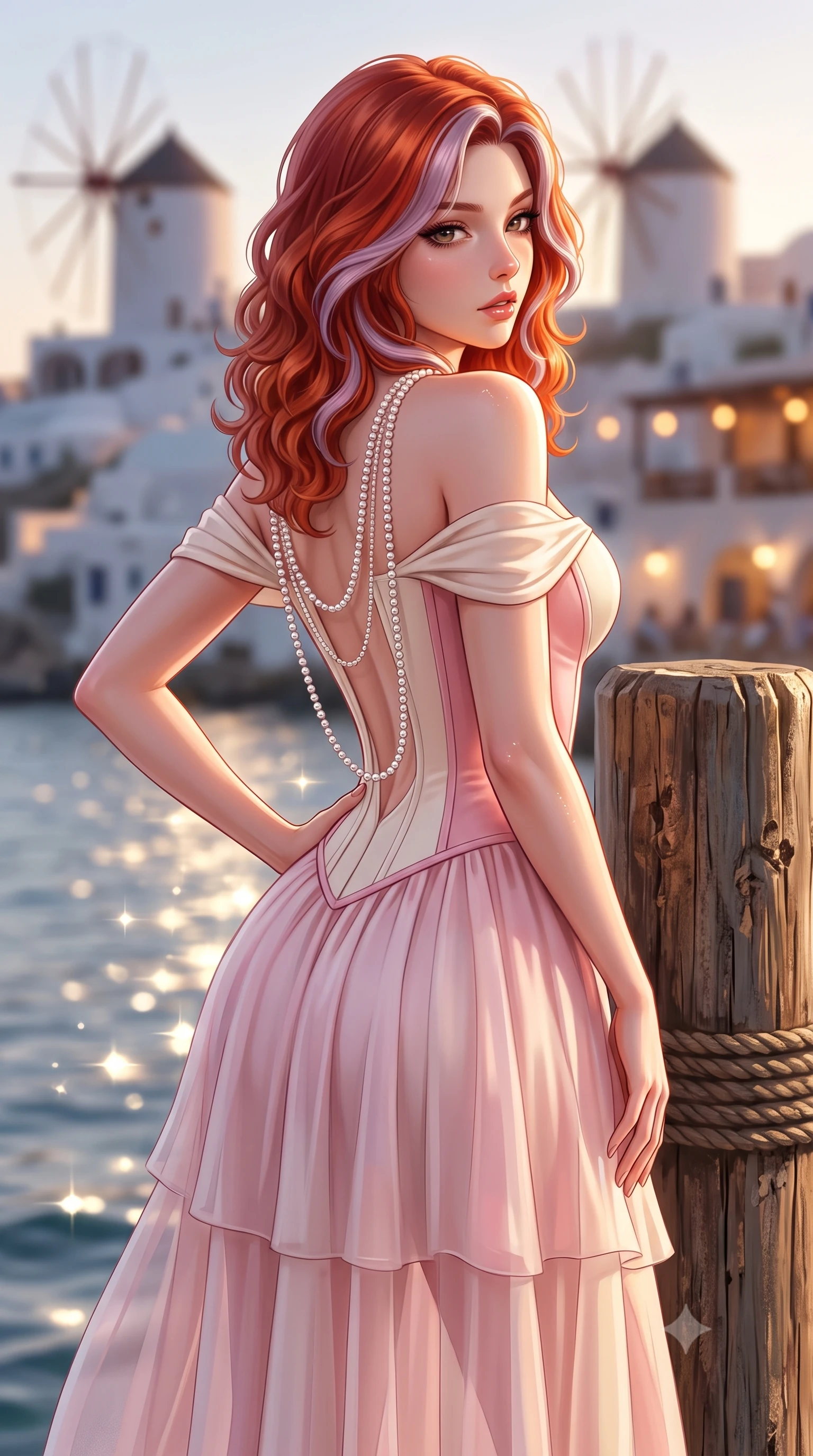 score_9, masterpiece, best quality, ultra-detailed, high-budget anime keyframe, semi-realistic 3D game render, editorial fashion photography, tasteful artistic composition, Caucasian woman. close-up cowboy shot from the waist and thighs up, the character dominates the composition, filling the frame with her large presence. posing in an alluring rear three-quarter angle, arching her lower back in a pronounced S-curve with one hand on her hip, glancing seductively over her bare shoulder with parted glossy lips while leaning against an ancient wooden mooring post with hips cocked back, looking over her shoulder with sun-kissed, teasing bedroom-eyes. The composition keeps background elements in soft focus with creamy bokeh. distant Oia cliffside windmills and taverna lantern glow softened in romantic Greek island shallow focus. She has an exceptionally elegant, slender, and willowy female figure with an ultra-slim waist, flat toned midriff, narrow ribcage, and sculpted feminine hips creating an alluring, slim hourglass silhouette without bulk. sharp v-shaped jawline, high-bridge nose, intricate jewel-like eyes with depth, thick eyelashes, glossy parted lips with a natural sheen, intensely captivating and seductive bedroom-eyes expression, flawlessly proportioned anatomical accuracy, strict slender model proportions, natural body alignment, perfectly sculpted long slender limbs, ultra-slim waistline, clean dynamic posture without body distortion. wearing an off-shoulder French court corset bodice dress paired with a tiered translucent chiffon slit skirt in sakura blossom pink and warm ivory, tailored from water-resistant treated wool gabardine and flexible stretch silk, accented with a multi-strand pearl back necklace cascading down her bare spine to her hips, the second-skin form-contouring cut accentuating her sculpted flat midriff, narrow delicate ribcage, and gracefully curvy hips with supermodel precision. illuminated by sparkling sea surface glints sharply carving her razor-sharp jawline, narrow waist, and curvy hips. highly saturated vibrant anime colors, detailed shading with soft gradients, rich glossy textures, high-contrast stereoscopic depth, volumetric dynamic lighting, master piece, 9:16 ratio