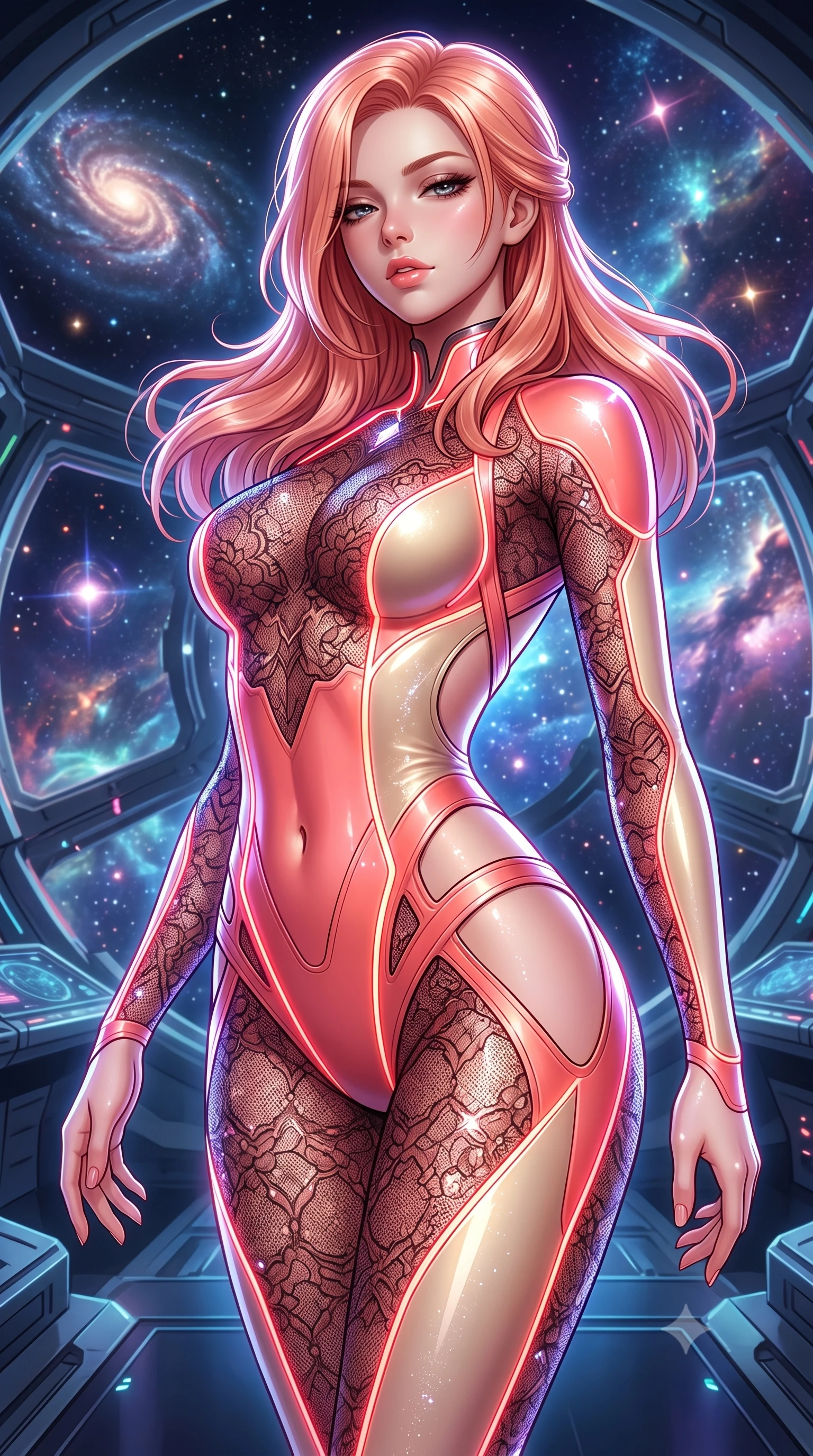 score_9, masterpiece, best quality, ultra-detailed, high-budget anime keyframe, semi-realistic 3D game render, editorial fashion photography, tasteful artistic composition, Japanese woman. close-up cowboy shot from the waist and thighs up, the character dominates the composition, filling the frame with her large presence. casting a slow, smoldering gaze beneath heavy lashes with parted glossy lips, her head slightly tilted in captivating self-assurance while arching her spine in a fluid zero-gravity turn as cosmic stardust and diamond reflections outline her sculpted torso. The surrounding environment is rendered in vivid detail and crisp panoramic clarity. dramatic space chiaroscuro and transcendent cosmic architecture rendered in panoramic precision. She has an exceptionally elegant, slender, and willowy female figure with an ultra-slim waist, a gracefully sculpted slender torso, toned flat midriff, and a refined slim silhouette. sharp v-shaped jawline, high-bridge nose, intricate jewel-like eyes with depth, thick eyelashes, glossy lips with a natural sheen, flawlessly proportioned anatomical accuracy, strict slender model proportions, natural body alignment, perfectly sculpted long slender limbs, ultra-slim waistline, clean dynamic posture without body distortion. wearing a skin-tight cybernetic bodysuit with glowing neon seams, deep hip cutouts, and an aerodynamic athletic fit in radiant coral pink and champagne ivory, crafted from delicate dark lace interwoven with luminescent micro-fibers, complemented by criss-cross back straps highlighting her completely bare spine, the form-contouring material adhering flawlessly to her sculpted flat midriff and slender torso, emphasizing her long leg lines and perfectly proportioned willowy build. illuminated by crisp diamond-specular highlights tracing her sculpted collarbones, waist, and slender limbs. highly saturated vibrant anime colors, detailed shading with soft gradients, rich glossy textures, high-contrast stereoscopic depth, volumetric dynamic lighting, master piece, 9:16 ratio