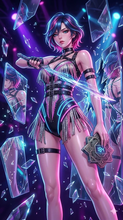 score_9, masterpiece, best quality, ultra-detailed, Set A: High-budget Anime Keyframe, Japanese woman. Low angle cowboy shot filling the entire 9:16 frame with her statuesque presence. Drawing a blade through a dimension of floating mirrors, holding 