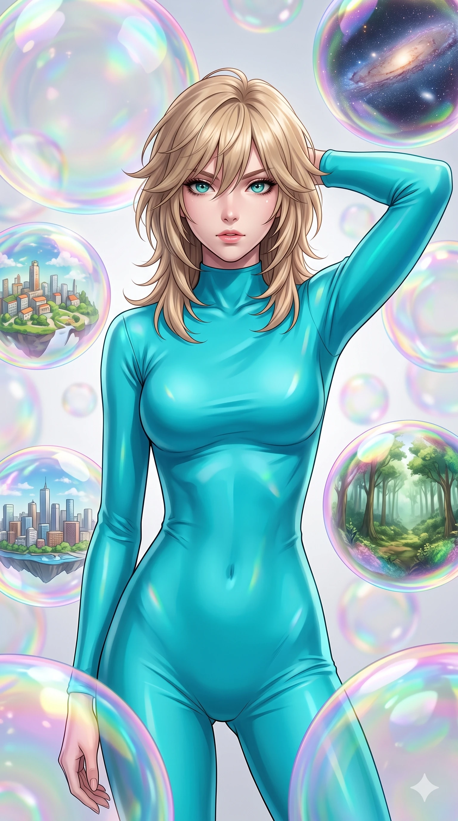 score_9, masterpiece, best quality, ultra-detailed, high-budget anime keyframe, editorial fashion photography, tasteful artistic composition, Japanese woman. close-up cowboy shot from the waist and thighs up, the character dominates the composition, filling the frame with her large presence, background elements kept in soft focus. Placing one hand behind her head with confident body language and a direct stare. set against a soft-focus background of a dimension filled with enormous iridescent soap bubbles each containing a perfectly detailed miniature world within its shimmering membrane surfaces rippling with rainbow oil-slick patterns. She has an exceptionally elegant and slender, willowy female figure with an ultra-slim waist, a gracefully sculpted slender torso, and a refined slim physique. sharp v-shaped jawline, high-bridge nose, intricate jewel-like eyes with depth, thick eyelashes, glossy lips with a natural sheen. wearing a precision-tailored catsuit in a vibrant turquoise stretch fabric, featuring long sleeves and a high collar that highlights her slender neck. soft omnidirectional white light creating constant iridescent rainbow refractions on every bubble surface shifting with viewing angle in pearlescent waves. 2k, ultra detail, master piece, 9:16 ratio