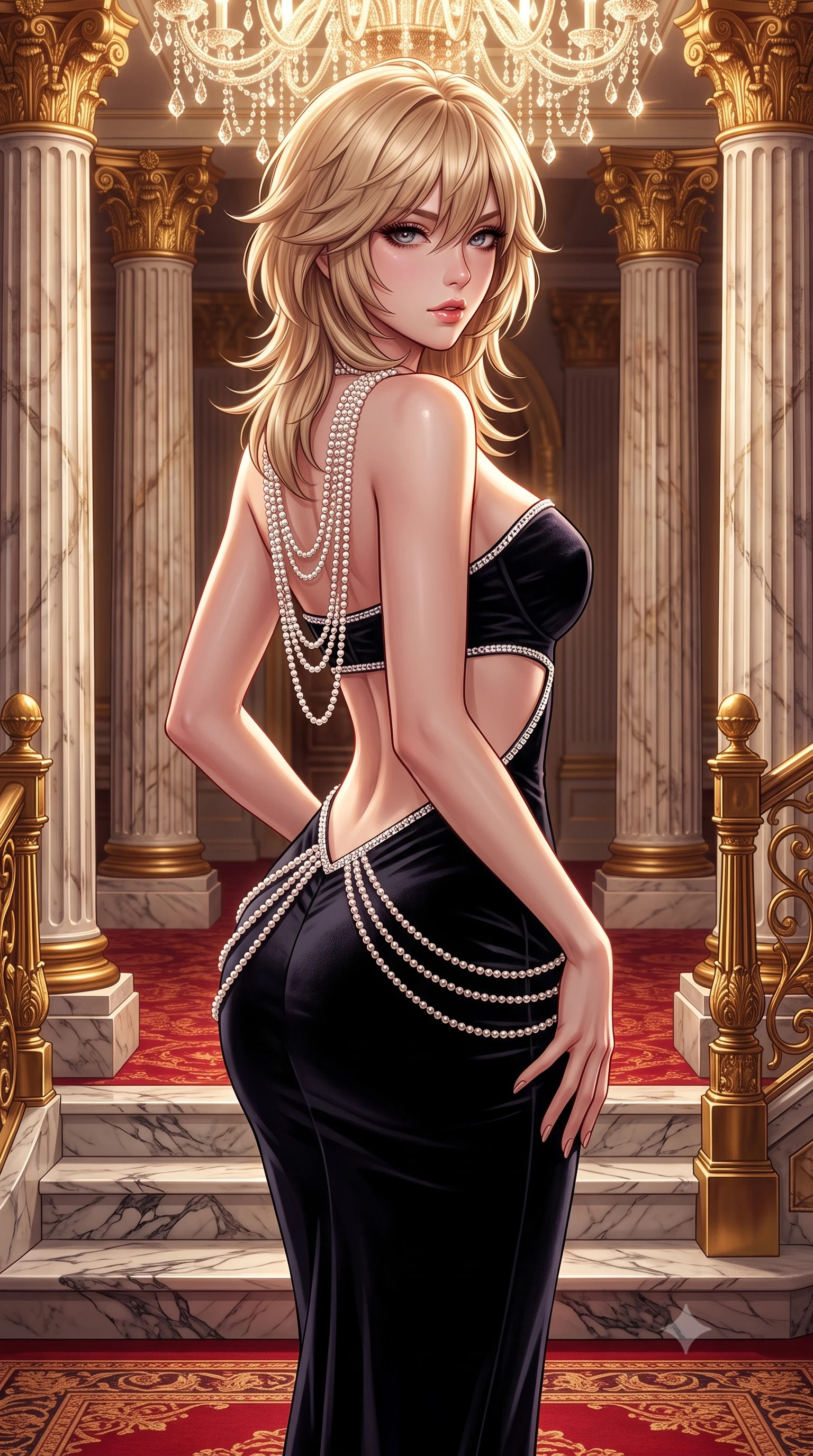 score_9, masterpiece, best quality, ultra-detailed, high-budget anime keyframe, semi-realistic 3D game render, editorial fashion photography, tasteful artistic composition, Japanese woman. close-up cowboy shot from the waist and thighs up, the character dominates the composition, filling the frame with her large presence. twisting her slender torso in a deep contrapposto stance, hips dramatically shifted to accentuate her feminine curves while looking past her shoulder with smoldering bedroom-eyes while standing poised between towering marble Corinthian columns, twisting her slender torso in an alluring S-curve under cascading chandelier light. The surrounding environment is rendered in vivid detail and crisp panoramic clarity. sharp Italian marble step veining, plush crimson carpet weave, and gilded brass baluster details in deep focus. She has an exceptionally elegant, slender, and willowy female figure with an ultra-slim waist, flat toned midriff, narrow ribcage, and sculpted feminine hips creating an alluring, slim hourglass silhouette without bulk. sharp v-shaped jawline, high-bridge nose, intricate jewel-like eyes with depth, thick eyelashes, glossy parted lips with a natural sheen, intensely captivating and seductive bedroom-eyes expression, flawlessly proportioned anatomical accuracy, strict slender model proportions, natural body alignment, perfectly sculpted long slender limbs, ultra-slim waistline, clean dynamic posture without body distortion. wearing a deep sweetheart neckline crushed velvet corseted ballgown with an exposed midriff cutout in pitch-black velvet with diamond crystal trim, tailored from liquid silk jersey adhering flawlessly to her slender build, accented with a multi-strand pearl back necklace cascading down her bare spine to her hips, the glove-like aerodynamic silhouette tightly following the natural contour of her hips and long slender legs with statuesque 8.5-heads elegance. bathed in opulent golden crystal chandelier downlights contrasting with warm carpet bounce fill. highly saturated vibrant anime colors, detailed shading with soft gradients, rich glossy textures, high-contrast stereoscopic depth, volumetric dynamic lighting, master piece, 9:16 ratio