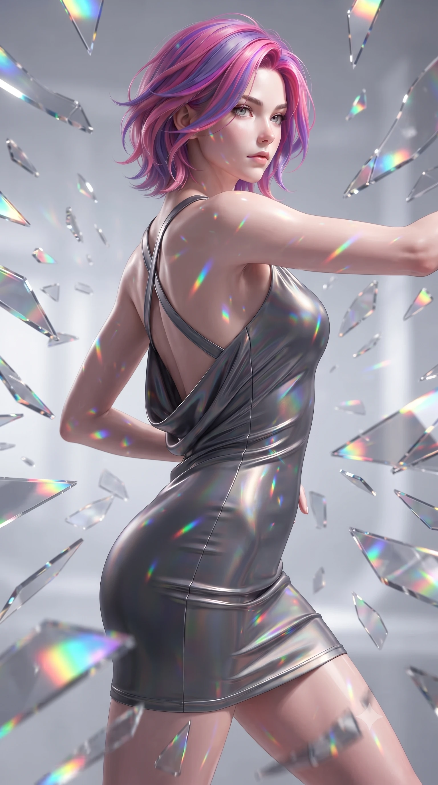 score_9, masterpiece, best quality, ultra-detailed, high-budget anime keyframe, editorial fashion photography, tasteful artistic composition, Caucasian woman. close-up cowboy shot from the waist and thighs up, the character dominates the composition, filling the frame with her large presence, background elements kept in soft focus. Gazing past the lens with composed intensity as her torso curves dynamically in mid-motion while turning in a sharp dynamic profile while surrounded by rotating shattered mirror shards, shattered mirror shards scattering brilliant rainbow reflections everywhere. She has an exceptionally elegant, slender, and willowy female figure with an ultra-slim waist, a gracefully sculpted slender torso, and a refined silhouette. sharp v-shaped jawline, high-bridge nose, intricate jewel-like eyes with depth, thick eyelashes, glossy lips with a natural sheen, flawlessly proportioned anatomical accuracy, natural body alignment, perfectly sculpted elegant limbs, clean dynamic posture without body distortion. wearing a precision-fitted liquid jersey bodycon dress with a graceful draped back in charcoal grey and platinum, crafted from iridescent chiffon that shifts colors in the light, complemented by criss-cross back straps highlighting her bare shoulders, the elegant draped fit framing her graceful clavicle and slender torso. bathed in brilliant multi-color rainbow light refracting through mirror fragments. ultra-reflective glossy finish, specular highlights, metallic sheen, high-contrast stereoscopic depth, volumetric dynamic lighting, 2k, ultra detail, master piece, 9:16 ratio