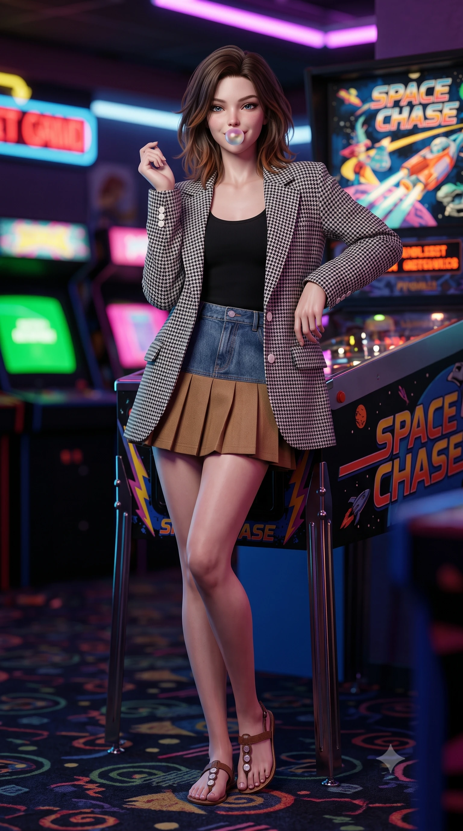 score_9, masterpiece, best quality, ultra-detailed, high-budget anime keyframe, semi-realistic 3D game render, editorial fashion photography, tasteful artistic composition, Korean woman. low angle full-body shot from head to toe showing her feet, filling the entire 9:16 vertical frame with her statuesque presence, stretching her vertical silhouette. standing poised with one hip cocked in an alluring high-fashion pose, her tall 8.5-heads proportions dominating the scene while leaning against a pinball machine with one hip cocked, chewing bubblegum with a playful, teasing smile at the lens. The composition keeps background elements in soft focus with creamy bokeh. retro arcade carpet patterns and pinball machine backglasses softened in dynamic shallow focus. She has an absolutely perfect, statuesque 8.5-heads proportion, an exceptionally tall and slender model-like female figure with impossibly long slender legs, a toned flat midriff, and an ultra-slim waist. sharp v-shaped jawline, high-bridge nose, intricate jewel-like eyes with depth, thick eyelashes, glossy lips with a natural sheen, captivating and magnetic expression, flawlessly proportioned anatomical accuracy, strict slender model proportions, natural body alignment, perfectly sculpted long slender limbs, ultra-slim waistline, clean dynamic posture without body distortion. wearing a tailored 90s houndstooth oversized blazer over a simple scoop-neck top and a high-waisted pleated wool mini-skirt in vintage camel brown and washed indigo denim, crafted from distressed supple genuine leather and soft ribbed cotton knit, finished with polished mother-of-pearl buttons and tailored flap pockets, the glove-like aerodynamic second-skin fit tightly clinging to her ultra-slender waist and athletic curves without adding bulk, accentuating her razor-sharp statuesque lines and slim hourglass silhouette. bathed in multicolored arcade screen glows and vibrant neon alleyway downlights. highly saturated vibrant anime colors, detailed shading with soft gradients, rich glossy textures, high-contrast stereoscopic depth, volumetric dynamic lighting, master piece, 9:16 ratio