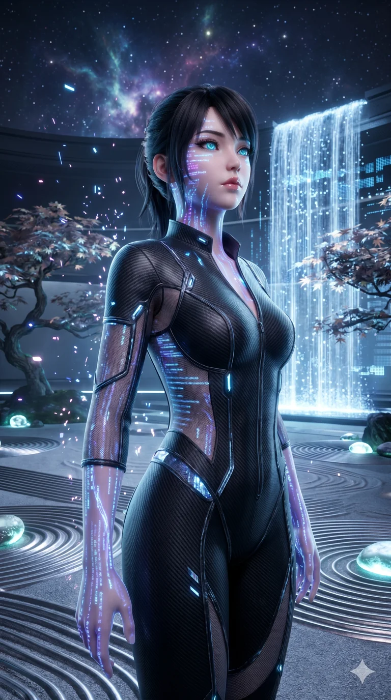 score_9, masterpiece, best quality, ultra-detailed, Semi-realistic 3D Game Render, high-fidelity character model, intricate armor textures, dynamic particle effects, Unreal Engine 5 aesthetic, crisp 3D depth, Japanese woman with delicate and elegant anime-inspired features. Cinematic low angle perspective showcasing her towering height and perfect 8-heads proportion. Merging her consciousness with a digital interface as rivers of data flow through her translucent skin and glowing eyes. She has an absolutely perfect 8-heads proportion, an exceptionally tall and slender female figure with impossibly long slender legs and an ultra-slim waist, her statuesque height and towering silhouette dominating the vertical 9:16 frame. Her face is a masterpiece featuring a sharp v-shaped jawline, high-bridge nose, intricate jewel-like eyes with depth, thick eyelashes, and glossy lips with a natural sheen. She is wearing a Sci-fi pilot flight suit with an open collar and strategically placed mesh panels crafted from Carbon-fiber weave with a high-tech matte finish and integrated glowing filaments, featuring a crystalline structure that catches the light and reveals her slender frame. The scene is set in a serene Zen garden with metallic sand, glowing stones, and a holographic waterfall, illuminated by flickering starlight and nebula glow providing a mystical and vast ambiance. 2k, ultra detail, master piece, 9:16 ratio