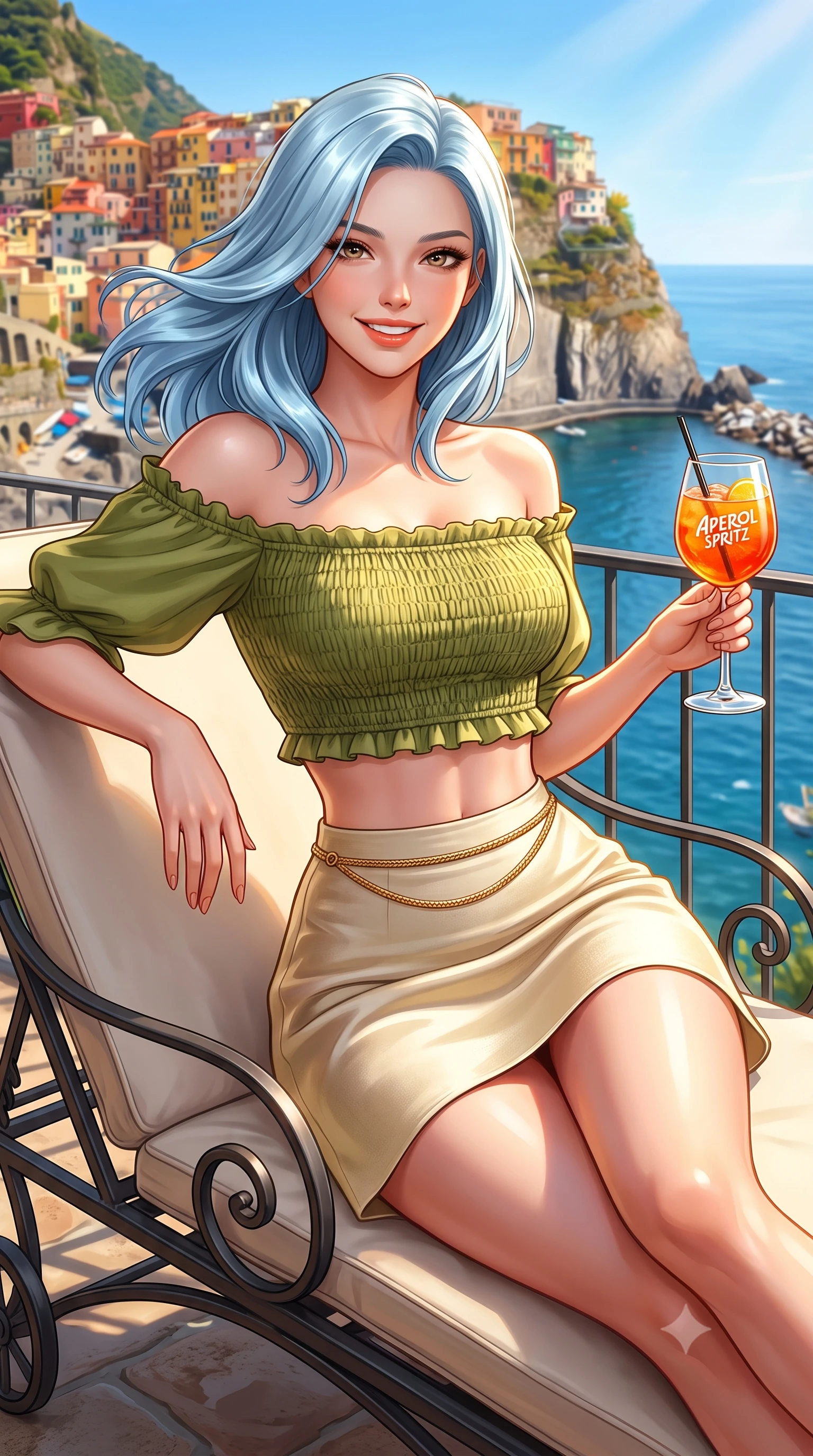 score_9, masterpiece, best quality, ultra-detailed, high-budget anime keyframe, semi-realistic 3D game render, editorial fashion photography, tasteful artistic composition, Korean woman. close-up cowboy shot from the waist and thighs up, the character dominates the composition, filling the frame with her large presence. turning playfully with a bright confident smile, her glossy hair tossing in the coastal breeze as her hips angle gracefully in a captivating contrapposto while lounging on an outdoor wrought-iron chaise holding an Aperol spritz, her sun-drenched supermodel proportions commanding the vertical frame. The surrounding environment is rendered in vivid detail and crisp panoramic clarity. detailed dress texture, glowing sun-kissed skin highlights, and Italian cliffside village clarity in high resolution. She has an exceptionally elegant, slender, and willowy female figure with an ultra-slim waist, flat toned midriff, narrow ribcage, and sculpted feminine hips creating an alluring, slim hourglass silhouette without bulk. sharp v-shaped jawline, high-bridge nose, sparkling amber-hazel eyes with depth, long lush eyelashes, glossy sun-kissed lips with a warm coral glaze, radiant teasing smile with sensual sunlit bedroom-eyes, exuding effortless old-money elegance and intoxicating sun-drenched allure, flawlessly proportioned anatomical accuracy, strict slender model proportions, natural body alignment, perfectly sculpted long slender limbs, ultra-slim waistline, clean dynamic posture without body distortion. wearing a chic off-shoulder smocked crop blouse paired with a tight high-waisted linen A-line mini skirt emphasizing her curvy hips in matcha olive green and warm vanilla cream, made of smooth fluid silk satin with a delicate pearlescent golden sheen, finished with a delicate gold snake chain belt resting loosely on her curvy hips, the liquid-tight tailored fabric clinging flawlessly to her narrow waist and rounded feminine hips, emphasizing every millimeter of her sculpted slim hourglass curves without any bulky heaviness. illuminated by sea-surface golden bounce and sharp amber rim lighting sculpting her sculpted collarbones, ultra-slim waist, and curvy hips. highly saturated vibrant anime colors, detailed shading with soft gradients, rich glossy textures, high-contrast stereoscopic depth, volumetric dynamic lighting, master piece, 9:16 ratio