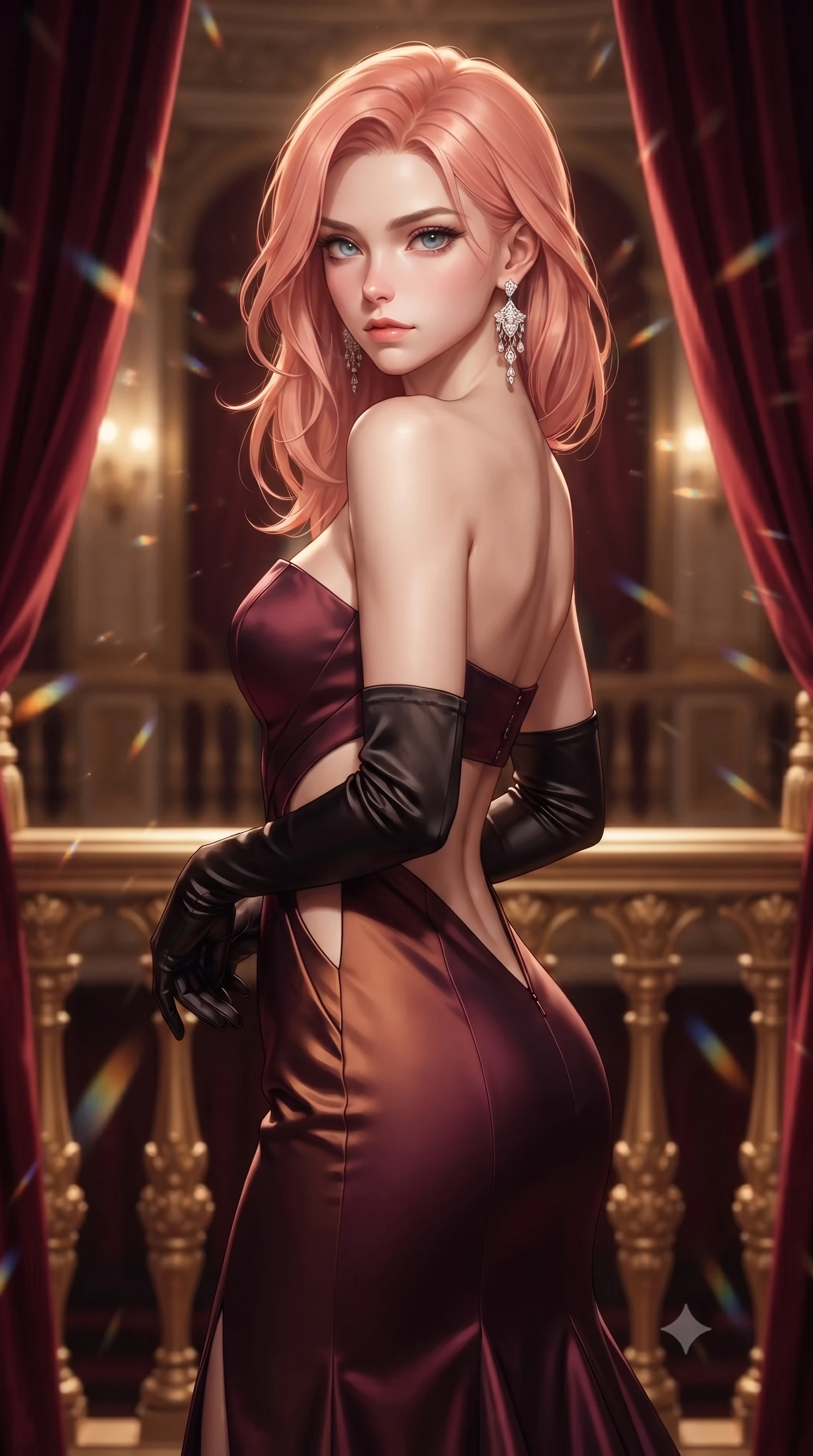 score_9, masterpiece, best quality, ultra-detailed, high-budget anime keyframe, editorial fashion photography, tasteful artistic composition, Japanese woman. close-up cowboy shot from the waist and thighs up, the character dominates the composition, filling the frame with her large presence. turning over her shoulder with an indomitable, smoldering gaze, her soft hair framing her razor-sharp v-shaped jawline while pivoting gracefully against ornate gold-leaf balustrades as plush crimson velvet curtains frame her statuesque silhouette. The composition keeps background elements in soft focus with creamy bokeh. shimmering chandelier prism refractions scattering warm champagne light motes across the royal theater. She has an exceptionally elegant, slender, and willowy female figure with an ultra-slim waist, a gracefully sculpted slender torso, toned flat midriff, and a refined slim silhouette. sharp v-shaped jawline, high-bridge nose, intricate jewel-like eyes with depth, thick eyelashes, glossy lips with a natural sheen, captivating and magnetic expression, flawlessly proportioned anatomical accuracy, strict slender model proportions, natural body alignment, perfectly sculpted long slender limbs, ultra-slim waistline, clean dynamic posture without body distortion. wearing a midnight silk crepe mermaid gown featuring an architectural strapless neckline in rich wine burgundy and liquid bronze, made of structured fine wool crepe and liquid silk satin, complemented by opera-length satin gloves and sparkling chandelier earrings, the precision-cut daring openings accentuating her delicate midriff, graceful bare collarbones, and ultra-slim feminine waistline. surrounded by an aristocratic, majestic, and enchantingly sovereign high-society queen aura. ultra-reflective glossy finish, specular highlights, rich textural contrasts, high-contrast stereoscopic depth, volumetric dynamic lighting, 2k, ultra detail, master piece, 9:16 ratio