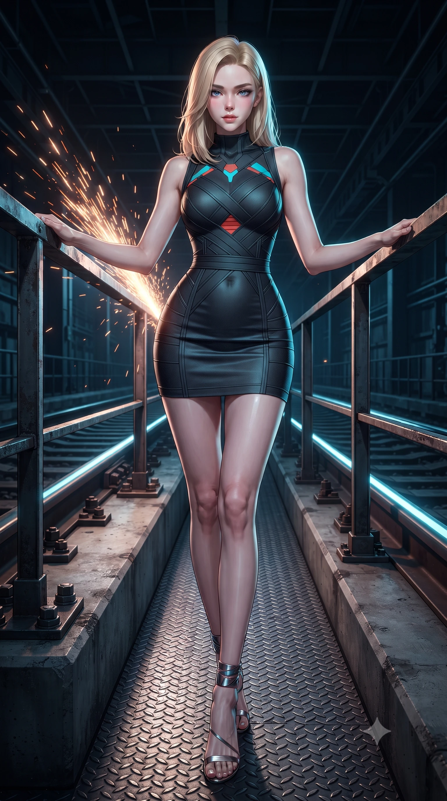 score_9, masterpiece, best quality, ultra-detailed, high-budget anime keyframe, editorial fashion photography, tasteful artistic composition, Korean woman. low angle full-body shot from head to toe showing her feet, filling the entire 9:16 vertical frame with her statuesque presence, stretching her vertical silhouette. stepping slowly toward the camera with hypnotic grace, hips swaying in an alluring sensual rhythm that accentuates her curvy hourglass silhouette and long slender legs while leaning against the heavy reinforced steel railing with hips cocked back, looking through shower of magnetic track sparks with intoxicating bedroom-eyes. The surrounding environment is rendered in vivid detail and crisp panoramic clarity: sharp diamond-tread steel catwalk textures, heavy bolt heads on concrete abutments, and glowing track switch rails in deep focus. She has an exceptionally tall and slender model-like 8.5-heads proportion, an ultra-slim waist, a flat toned midriff, narrow delicate ribcage, and beautifully sculpted feminine hips creating a graceful, slim hourglass silhouette without any bulky heaviness, with impossibly long slender legs. sharp v-shaped jawline, high-bridge nose, intricate jewel-like sparkling eyes with depth, thick eyelashes, glossy parted lips with a natural peach sheen, bright cheerful beaming smile with an enchanting and coquettish sensual glint, exuding both youthful cute charm and seductive allure, flawlessly proportioned anatomical accuracy, strict slender model proportions, natural body alignment, perfectly sculpted long slender limbs, ultra-slim waistline, clean dynamic posture without body distortion. wearing a dense bandage-knit tactical officer dress with subtle geometric chest accents contouring her delicate ribcage and feminine hips in cyber-shinto vermilion and laser turquoise, crafted from fluid liquid silk satin that clings smoothly to her narrow waist and rounded hips with a dewy sheen, complemented by strappy stiletto sandals with metallic ankle wraps accentuating her slender calves, the second-skin tailored fabric adhering flawlessly to her sculpted flat midriff and slender torso, emphasizing her long leg lines and perfectly proportioned willowy build. illuminated by steel catwalk reflection bounce and sharp electric-cyan rim lights sculpting her jawline, narrow waist, and curvy hips. ultra-reflective glossy finish, specular highlights, rich textural contrasts, high-contrast stereoscopic depth, volumetric dynamic lighting, 2k, ultra detail, master piece, 9:16 ratio