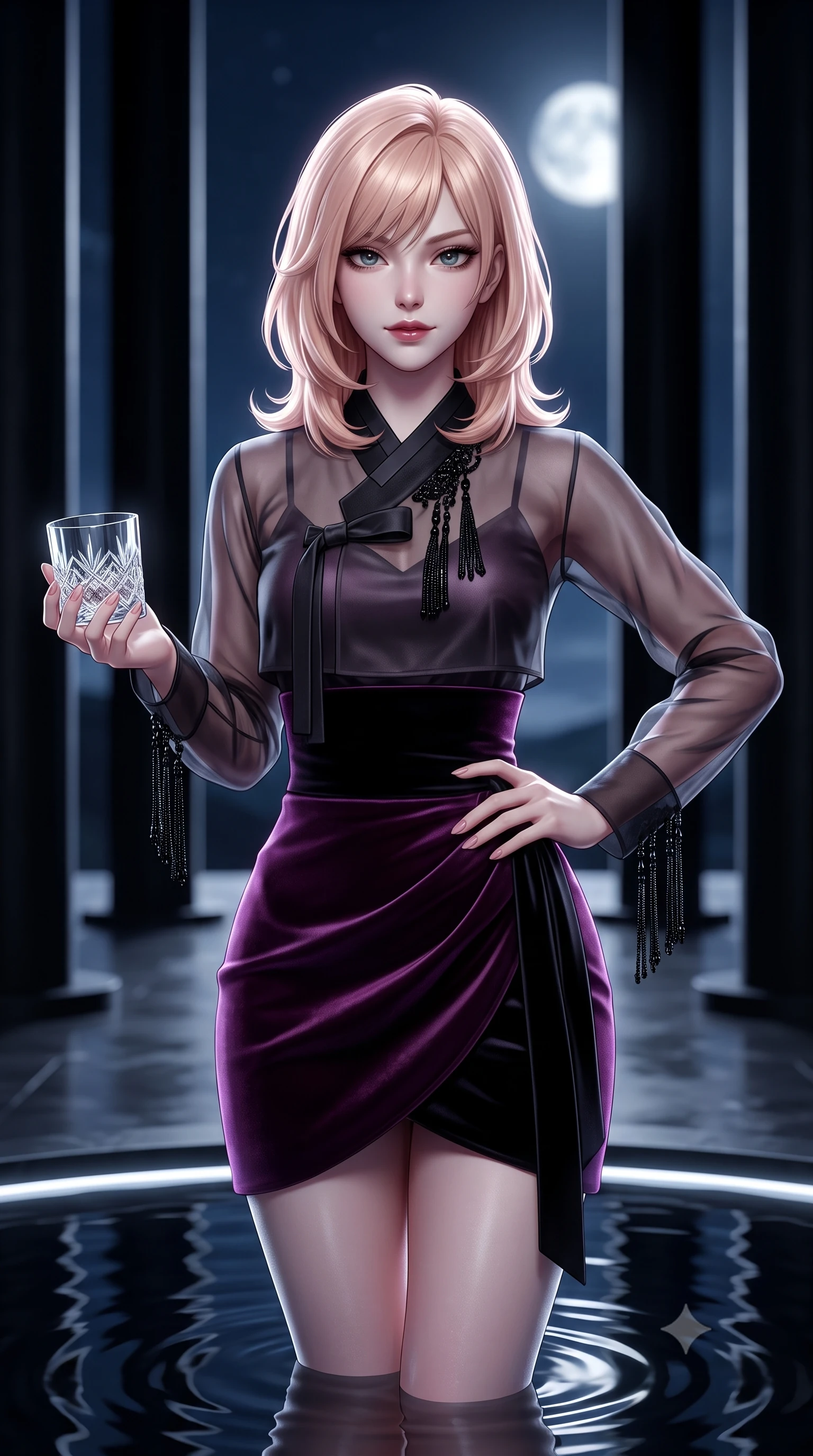 score_9, masterpiece, best quality, ultra-detailed, high-budget anime keyframe, semi-realistic 3D game render, editorial fashion photography, tasteful artistic composition, Japanese woman. close-up cowboy shot from the waist and thighs up, the character dominates the composition, filling the frame with her large presence. twisting her slender torso in an alluring contrapposto stance, one hand resting on her sculpted hip while holding a crystal glass with effortless poise while standing poised in the center of the shallow reflection basin with hips cocked back, casting an ethereal, dangerous bedroom-gaze toward the camera. The composition keeps background elements in soft focus with dreamy creamy bokeh. soaring minimalist black basalt columns and distant open midnight sky with bright full moon blurred into cold platinum, silver, and obsidian bokeh. She has an exceptionally elegant, slender, and willowy female figure with an ultra-slim waist, flat toned midriff, narrow ribcage, and sculpted feminine hips creating an alluring, slim hourglass silhouette without bulk. sharp v-shaped jawline, high-bridge nose, intricate jewel-like dark sparkling eyes with dangerous depth, thick curled eyelashes, glossy parted lips with a rich wine sheen, smoldering seductive half-smile with bedroom-eyes, exuding effortless superiority and intoxicating dark allure, flawlessly proportioned anatomical accuracy, strict slender model proportions, natural body alignment, perfectly sculpted long slender limbs, ultra-slim waistline, clean dynamic posture without body distortion. wearing a modern fusion dark hanbok mini dress with a sheer silk organza jeogori and high-waisted velvet wrap skirt in rich plum violet and deep onyx black, made of supple butter-soft lambskin leather with a subtle satin sheen, accented with fine jet-black beaded tassels that sway with each movement, the form-contouring cut accentuating her sculpted flat midriff, narrow delicate ribcage, and gracefully curvy hips with sovereign high-fashion precision. illuminated by subtle underwater fiber-optic perimeter lights and crisp platinum rim lighting sharply carving her slim torso, narrow waist, and curvy hips. highly saturated vibrant anime colors, detailed shading with soft gradients, rich glossy textures, high-contrast stereoscopic depth, volumetric dynamic lighting, master piece, 9:16 ratio