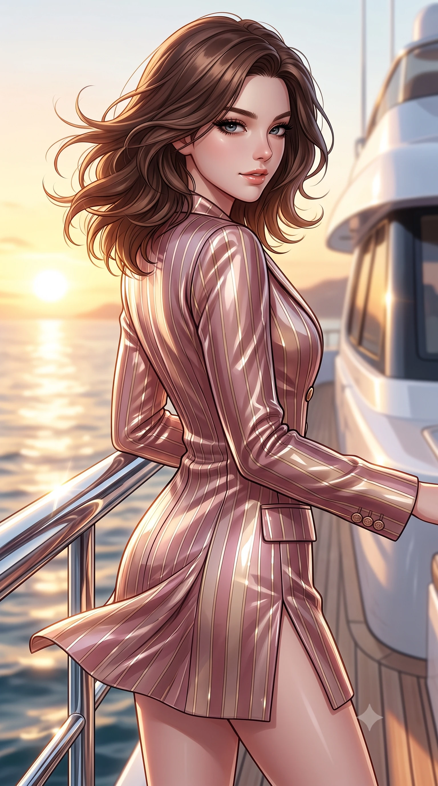 score_9, masterpiece, best quality, ultra-detailed, high-budget anime keyframe, editorial fashion photography, tasteful artistic composition, Korean woman. close-up cowboy shot from the waist and thighs up, the character dominates the composition, filling the frame with her large presence, background elements kept in soft focus. Glancing sidelong over her shoulder with a smoldering half-smile and heavy lashes standing near the polished chrome railing of a yacht overlooking a golden sunset sea, ocean breeze blowing her hair and lightweight attire into fluid motions. She has an exceptionally elegant, slender, and willowy female figure with an ultra-slim waist, a gracefully sculpted slender torso, and a refined silhouette. sharp v-shaped jawline, high-bridge nose, intricate jewel-like eyes with depth, thick eyelashes, glossy lips with a natural sheen. wearing a double-breasted blazer dress with metallic pin-stripes in dusty rose and champagne gold, tailored from high-gloss patent leather, finished with a sleek side slit ascending to mid-thigh, the tailored fabric tightly following every curve of her athletic build. surrounded by a high-contrast marine lighting with bright specular highlights. highly saturated vibrant anime colors, detailed shading with soft gradients, rich glossy textures, high-contrast stereoscopic depth, volumetric dynamic lighting, master piece, 9:16 ratio