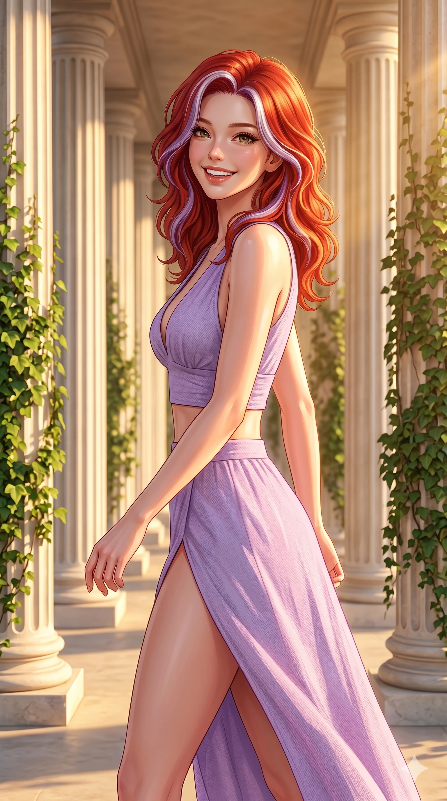 score_9, masterpiece, best quality, ultra-detailed, high-budget anime keyframe, editorial fashion photography, tasteful artistic composition, Caucasian woman, strictly human ears. cowboy shot from the thighs up, character and outfit filling the frame for maximum editorial presence. looking back over her shoulder with a happy, beaming grin, her eyes sparkling with joy walking through a sunny colonnade with tall white columns and green ivy. She has an absolutely perfect 8-heads proportion, an exceptionally tall and slender female figure with impossibly long slender legs and an ultra-slim waist. V-shaped jawline, high-bridge nose, intricate jewel-like eyes with depth, thick eyelashes, glossy lips with a natural sheen. wearing a lightweight lavender crop top with a plunging V-neckline and matching split skirt. bathed in warm golden hour light pouring through the columns, casting a warm glow. 2k, ultra detail, master piece, 9:16 ratio