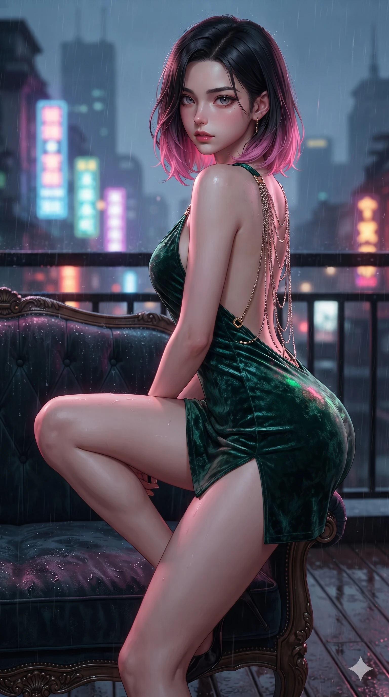 score_9, masterpiece, best quality, ultra-detailed, high-budget anime keyframe, editorial fashion photography, tasteful artistic composition, Korean woman. close-up cowboy shot from the waist and thighs up, the character dominates the composition, filling the frame with her large presence. perched sideways on the vintage settee, one knee drawn up to showcase her slender leg line while her arched back accentuates her feminine hip curve while crouching gracefully on the rain-slicked balcony deck, glancing back with smoldering bedroom-eyes as neon reflections wash over her dress. The background shows a soft-focus rain-slicked urban night atmosphere softened in Shanghai rooftop balcony shallow focus. She has an exceptionally elegant, slender, and willowy female figure with an ultra-slim waist, flat toned midriff, narrow ribcage, and sculpted feminine hips creating an alluring, slim hourglass silhouette without bulk. sharp v-shaped jawline, high-bridge nose, intricate jewel-like sparkling eyes with depth, thick eyelashes, glossy parted lips with a natural sheen, intensely captivating and seductive bedroom-eyes expression, exuding both youthful cute charm and sovereign luxury allure, flawlessly proportioned anatomical accuracy, strict slender model proportions, natural body alignment, perfectly sculpted long slender limbs, ultra-slim waistline, clean dynamic posture without body distortion. wearing a backless crushed velvet mini dress with a deep plunging neckline and hip-high thigh slit in deep emerald green satin and gold hardware accents, made of fluid liquid jersey with seamless sculpting hold and smooth contours, accented with an open-back drape framed by falling strands of delicate chrome chains, the impeccably tailored cut draping gracefully along her slender figure with aristocratic poise. illuminated by rain puddle bounce and sharp scarlet-violet rim lights sculpting her razor-sharp jawline, narrow waist, and curvy hips. ultra-reflective glossy finish, specular highlights, rich textural contrasts, high-contrast stereoscopic depth, volumetric dynamic lighting, 2k, ultra detail, master piece, 9:16 ratio