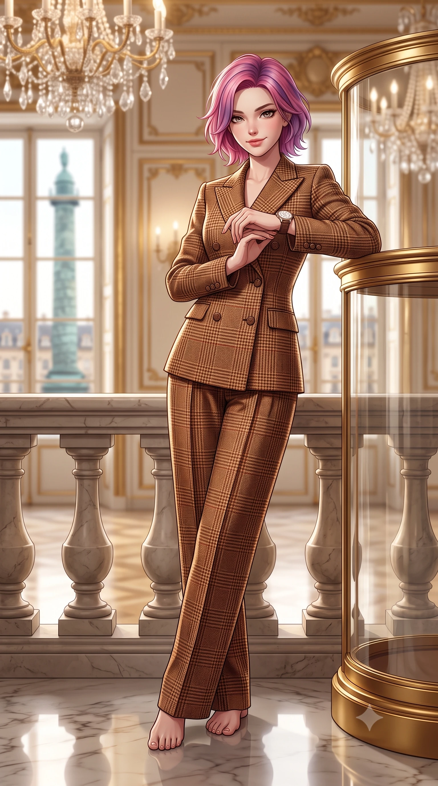 score_9, masterpiece, best quality, ultra-detailed, high-budget anime keyframe, semi-realistic 3D game render, editorial fashion photography, tasteful artistic composition, Caucasian woman. low angle full-body shot from head to toe showing her feet, filling the entire 9:16 vertical frame with her statuesque presence, stretching her vertical silhouette. standing poised beside the classical stone balustrade with one foot slightly forward, hands folded loosely before her with regal grace while leaning gracefully against the curved gilded vitrine examining a luxury timepiece, her posture straight and commanding with aristocratic cool. The background shows a soft-focus glittering crystal chandeliers, gilded boiserie wall paneling, and views of the bronze Vendôme column through tall windows blurred into champagne, ivory, and brass bokeh. She has an exceptionally tall and slender model-like 8.5-heads proportion, an ultra-slim waist, a flat toned midriff, narrow delicate ribcage, and beautifully sculpted feminine hips creating a graceful, slim hourglass silhouette without any bulky heaviness, with impossibly long slender legs. sharp v-shaped jawline, high-bridge nose, intricate jewel-like sparkling eyes with depth, thick eyelashes, glossy parted lips with a natural peach sheen, bright cheerful beaming smile with an enchanting and coquettish sensual glint, exuding both youthful cute charm and seductive allure, flawlessly proportioned anatomical accuracy, strict slender model proportions, natural body alignment, perfectly sculpted long slender limbs, ultra-slim waistline, clean dynamic posture without body distortion. wearing a double-breasted Prince of Wales check tailored wool blazer paired with high-waisted pleated wide-leg trousers in warm winter cinnamon and toasted caramel, tailored from heritage British Harris Tweed with rich multi-tonal yarn weave, featuring delicate tonal horn buttons and meticulous hand-stitched pick-lapel borders, the precision-cut high-waisted tailoring accentuating her ultra-slim waist and long slender leg line with immaculate aristocratic poise. illuminated by polished marble floor bounce and pristine champagne rim lights defining her razor-sharp jawline and elegant tailored silhouette. highly saturated vibrant anime colors, detailed shading with soft gradients, rich glossy textures, high-contrast stereoscopic depth, volumetric dynamic lighting, master piece, 9:16 ratio