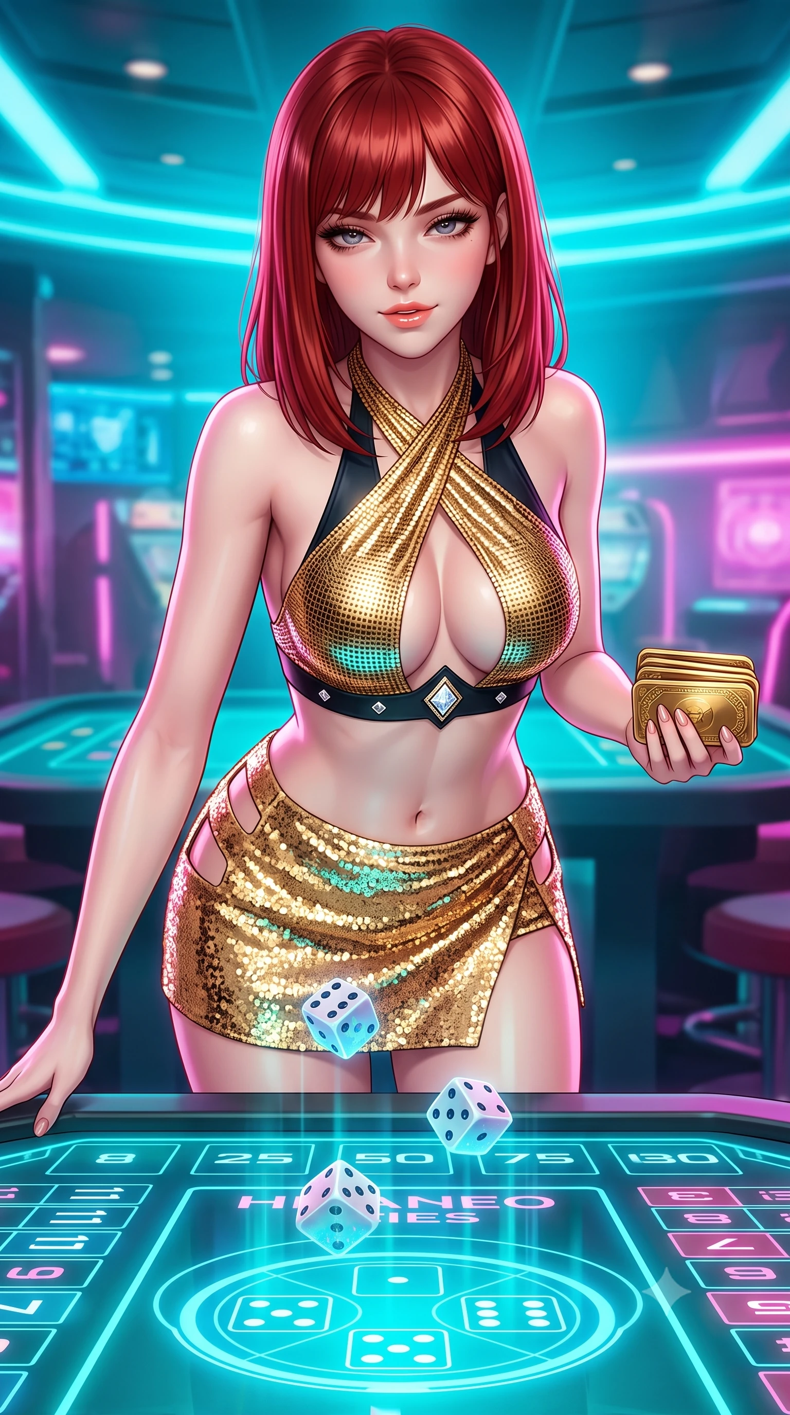score_9, masterpiece, best quality, ultra-detailed, high-budget anime keyframe, semi-realistic 3D game render, editorial fashion photography, tasteful artistic composition, Caucasian woman. close-up cowboy shot from the waist and thighs up, the character dominates the composition, filling the frame with her large presence. leaning forward while arching her lower back to accentuate her curvy hips, looking into the camera with an intoxicating smoldering gaze and bedroom-eyes while standing poised at the holographic dice table, arching her spine with seductive poise as floating digital dice roll in mid-air. The surrounding environment is rendered in vivid detail and crisp panoramic clarity: detailed second-skin mesh bodysuit cling, glossy parted lips, and high-tech casino mechanics in high resolution. She has an exceptionally elegant, slender, and willowy female figure with an ultra-slim waist, flat toned midriff, narrow ribcage, and sculpted feminine hips creating an alluring, slim hourglass silhouette without bulk. sharp v-shaped jawline, high-bridge nose, sparkling eyes with hypnotic seductive depth, thick curled eyelashes, glossy parted lips with a natural dewy peach sheen, alluring bedroom-eyes with an enchanting coquettish smile, exuding magnetic siren charisma and sophisticated glamour, flawlessly proportioned anatomical accuracy, strict slender model proportions, natural body alignment, perfectly sculpted long slender limbs, ultra-slim waistline, clean dynamic posture without body distortion. wearing a high-waisted gold sequin wrap mini skirt paired with a plunging criss-cross halter sports top in liquid gold chainmail and midnight obsidian black with diamond accents, crafted from fluid liquid silk satin that clings smoothly to every curve with a dewy sheen, accented with a stack of engraved gold casino plaques held loosely in one hand, the precision-cut side openings and low-back scoop framing her graceful spine and the sensual sweep of her slim, toned hips. bathed in vibrant cyan and magenta light radiating directly from embedded table displays. highly saturated vibrant anime colors, detailed shading with soft gradients, rich glossy textures, high-contrast stereoscopic depth, volumetric dynamic lighting, master piece, 9:16 ratio