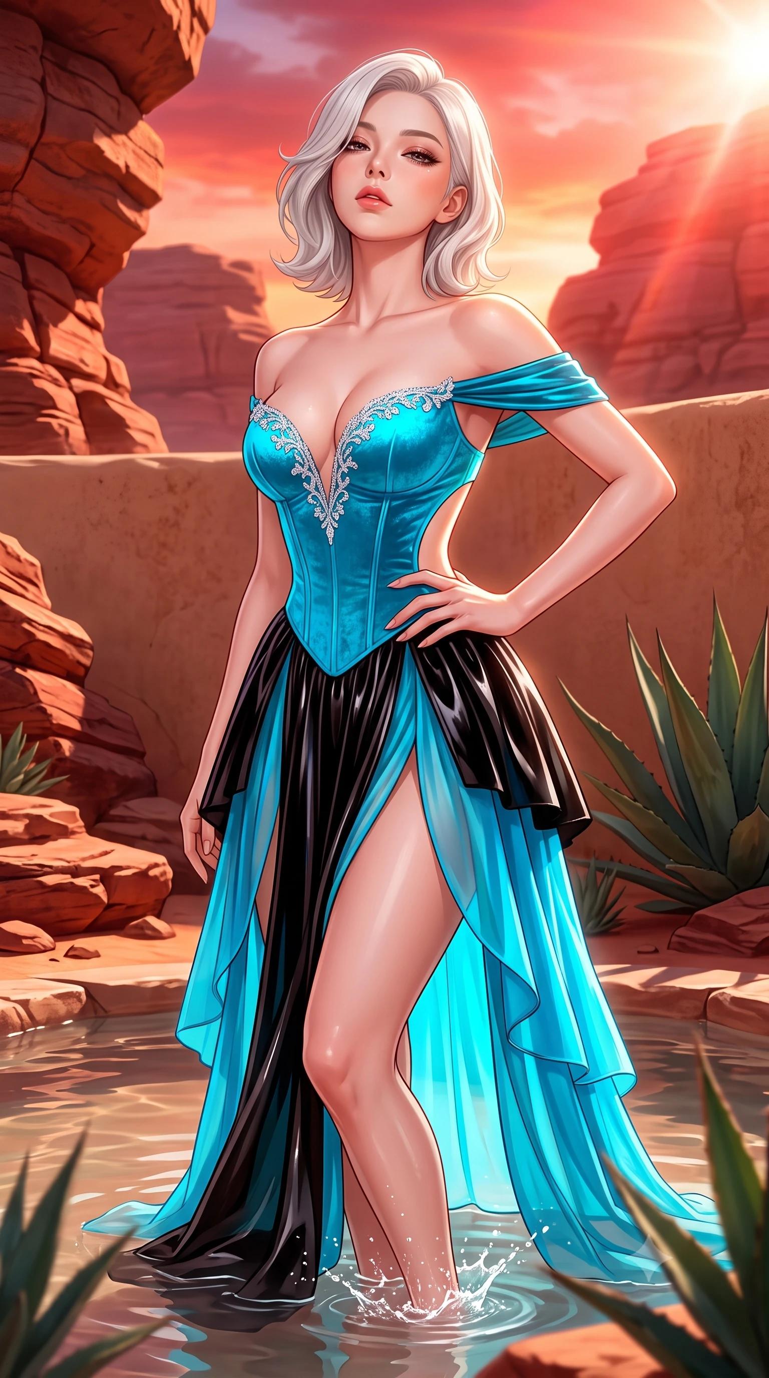 score_9, masterpiece, best quality, ultra-detailed, high-budget anime keyframe, semi-realistic 3D game render, editorial fashion photography, tasteful artistic composition, Korean woman. close-up cowboy shot from the waist and thighs up, the character dominates the composition, filling the frame with her large presence. tilting her chin up with proud, sovereign allure while gazing through thick eyelashes, one hand resting on her waist in pure supermodel charisma while wading lightly into the shallow thermal mineral pool, water splashing around her slender ankles as she turns in an alluring dancer S-curve. The surrounding environment is rendered in vivid detail and crisp panoramic clarity. sharp weathered red sandstone strata, smooth adobe wall textures, and desert succulent leaves in deep focus. She has an exceptionally elegant, slender, and willowy female figure with an ultra-slim waist, flat toned midriff, narrow ribcage, and sculpted feminine hips creating an alluring, slim hourglass silhouette without bulk. sharp v-shaped jawline, high-bridge nose, intricate jewel-like eyes with depth, thick eyelashes, glossy parted lips with a natural sheen, intensely captivating and seductive bedroom-eyes expression, flawlessly proportioned anatomical accuracy, strict slender model proportions, natural body alignment, perfectly sculpted long slender limbs, ultra-slim waistline, clean dynamic posture without body distortion. wearing an off-shoulder French court corset bodice dress paired with a tiered translucent chiffon slit skirt in electric cyan and high-gloss lacquer black, crafted from heavyweight crushed silk velvet with liquid vintage luster, finished with delicate crystal frost embroidery tracing the plunging neckline, the precision-cut side openings and low-back scoop framing her graceful spine and the sensual sweep of her slim, toned hips. bathed in blazing crimson and copper sunset backlighting and warm sandstone bounce fill. highly saturated vibrant anime colors, detailed shading with soft gradients, rich glossy textures, high-contrast stereoscopic depth, volumetric dynamic lighting, master piece, 9:16 ratio