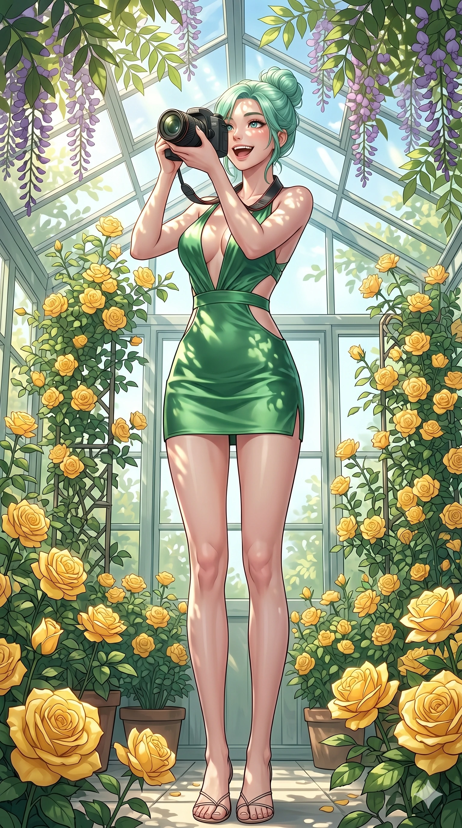 score_9, masterpiece, best quality, ultra-detailed, high-budget anime keyframe, vibrant anime aesthetic, Japanese woman. low angle full-body shot from head to toe showing her feet, filling the entire 9:16 vertical frame with her statuesque presence, stretching her vertical silhouette. She is holding a camera with a bright grin, looking up with a joyful expression inside a bright glass greenhouse filled with blooming yellow roses (Code-P20-045). She has an absolutely perfect 8-heads proportion, an exceptionally tall and slender female figure with impossibly long slender legs and an ultra-slim waist. V-shaped jawline, high-bridge nose, intricate jewel-like eyes with depth, thick eyelashes, glossy lips with a natural sheen. wearing a plunging neckline mini dress with side cutouts in green satin. She is bathed in dappled sunlight filtering through wisteria leaves, creating organic shadows. 2k, ultra detail, master piece, 9:16 ratio
