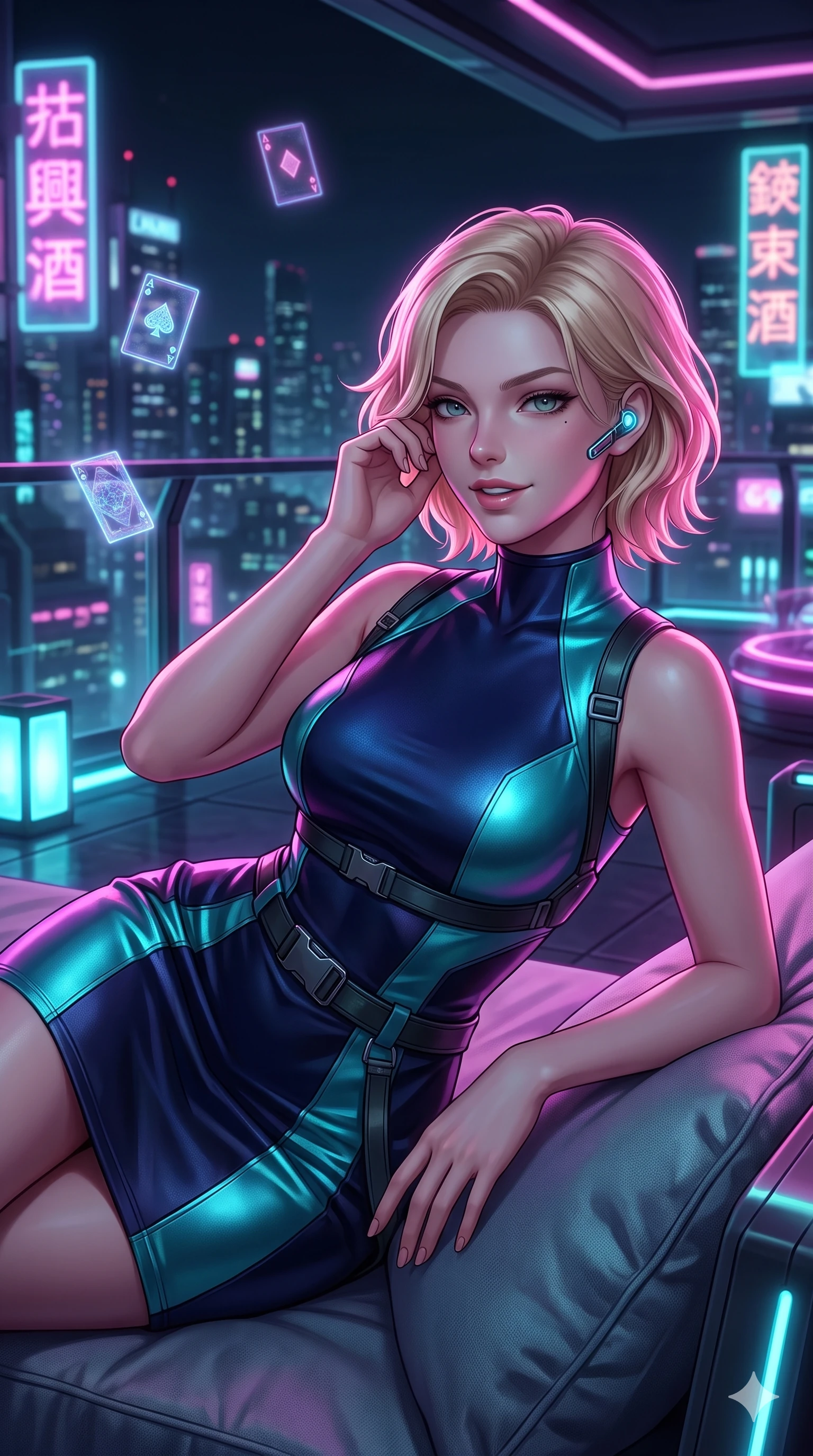 score_9, masterpiece, best quality, ultra-detailed, high-budget anime keyframe, semi-realistic 3D game render, editorial fashion photography, tasteful artistic composition, Caucasian woman. close-up cowboy shot from the waist and thighs up, the character dominates the composition, filling the frame with her large presence. arching her spine with dancer poise, one hand adjusting her ear comm-link in a flirtatious S-curve with parted glossy lips while lounging comfortably in an exterior plush daybed propped on one elbow with legs crossed, radiating effortless siren charm amidst the neon night. The background shows a soft-focus colossal towering neon kanji billboards, streams of holographic playing cards, and distant flying traffic blurred into magenta, electric cyan, and deep purple bokeh. She has an exceptionally elegant, slender, and willowy female figure with an ultra-slim waist, flat toned midriff, narrow ribcage, and sculpted feminine hips creating an alluring, slim hourglass silhouette without bulk. sharp v-shaped jawline, high-bridge nose, intricate jewel-like sparkling eyes with depth, thick eyelashes, glossy parted lips with a natural sheen, bright confident smile with an enchanting and coquettish sensual glint, exuding both youthful magnetic charm and sovereign high-tech allure, flawlessly proportioned anatomical accuracy, strict slender model proportions, natural body alignment, perfectly sculpted long slender limbs, ultra-slim waistline, clean dynamic posture without body distortion. wearing an alluring plunging sweetheart cyber-bodice dress with sheer mesh side-waist cutouts contouring her ribs in deep space navy and laser turquoise, woven from stretch metallic lurex jersey casting radiant starlight glints across her curves, accented with a sleek utility belt with polished magnetic canisters resting loosely on her curvy hips, the form-fitting tactical tailoring adhering flawlessly to her sculpted flat midriff and slender torso, emphasizing her long leg lines and perfectly proportioned willowy build. illuminated by terrace floor puddle reflections and sharp magenta-cyan rim lights sculpting her razor-sharp jawline, narrow waist, and curvy hips. highly saturated vibrant anime colors, detailed shading with soft gradients, rich glossy textures, high-contrast stereoscopic depth, volumetric dynamic lighting, master piece, 9:16 ratio