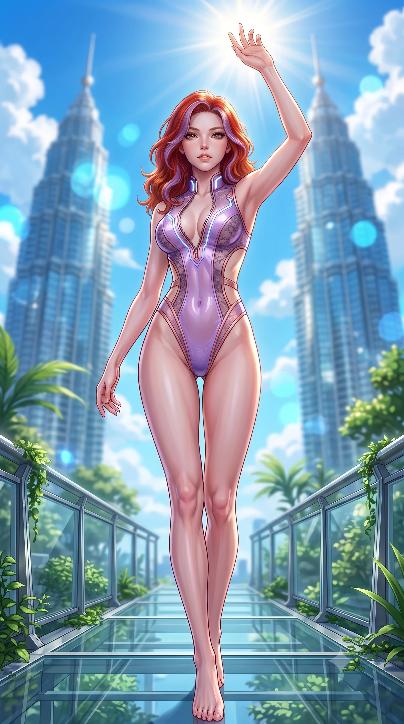 score_9, masterpiece, best quality, ultra-detailed, high-budget anime keyframe, semi-realistic 3D game render, editorial fashion photography, tasteful artistic composition, Caucasian woman. close-up cowboy shot from the waist and thighs up, the character dominates the composition, filling the frame with her large presence. extending one arm gracefully toward the light while her torso arches in a sleek, alluring curve with magnetic intensity while stepping along a verdant sky-garden walkway suspended between twin gleaming architectural towers. The composition keeps background elements in soft focus with creamy bokeh. towering glass skyscraper spires and white fluffy cumulus clouds blurred into vivid sky-blue bokeh. She has an exceptionally elegant, slender, and willowy female figure with an ultra-slim waist, a gracefully sculpted slender torso, toned flat midriff, and a refined slim silhouette. sharp v-shaped jawline, high-bridge nose, intricate jewel-like eyes with depth, thick eyelashes, glossy lips with a natural sheen, flawlessly proportioned anatomical accuracy, strict slender model proportions, natural body alignment, perfectly sculpted long slender limbs, ultra-slim waistline, clean dynamic posture without body distortion. wearing a high-cut translucent vinyl leotard with front paneling, exposed side-rib cutouts, and an open back in luminous lavender violet and rose gold, crafted from delicate dark lace interwoven with luminescent micro-fibers, featuring a dangerously unzipped neckline framed by glowing cybernetic accents, the glove-like aerodynamic second-skin fit tightly clinging to her ultra-slender waist and athletic curves without adding bulk, accentuating her razor-sharp statuesque lines and slim hourglass silhouette. bathed in brilliant high-noon sunbursts and rich sky-blue ambient bounce light. highly saturated vibrant anime colors, detailed shading with soft gradients, rich glossy textures, high-contrast stereoscopic depth, volumetric dynamic lighting, master piece, 9:16 ratio