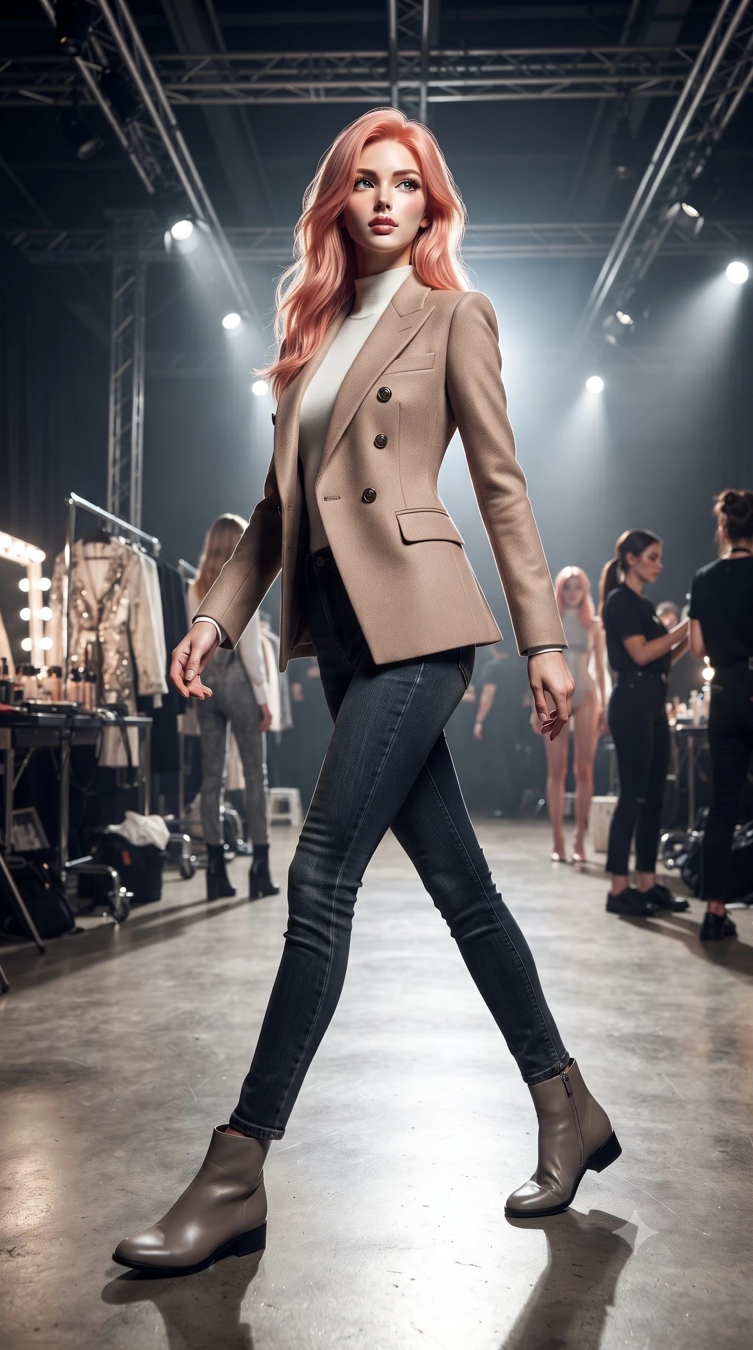 score_9, masterpiece, best quality, ultra-detailed, high-budget anime keyframe, editorial fashion photography, tasteful artistic composition, Japanese woman. low angle full-body shot from head to toe showing her feet, filling the entire 9:16 vertical frame with her statuesque presence, stretching her vertical silhouette. stepping gracefully while looking back over her shoulder, her dress draped tightly to reveal her silhouette the background shows a soft-focus an avant-garde fashion runway backstage with industrial lighting rigs and clothing racks. She has an absolutely perfect, statuesque 8.5-heads proportion, an exceptionally tall and slender model-like female figure with impossibly long slender legs and an ultra-slim waist. sharp v-shaped jawline, high-bridge nose, intricate jewel-like eyes with depth, thick eyelashes, glossy lips with a natural sheen. wearing a body-hugging tailored double-breasted blazer in sand wool, worn over a white mock-neck tee and denim jeans. dramatic high-contrast spotlighting casting sharp back shadows. ultra-reflective glossy finish, specular highlights, metallic sheen, high-contrast stereoscopic depth, volumetric dynamic lighting, 2k, ultra detail, master piece, 9:16 ratio