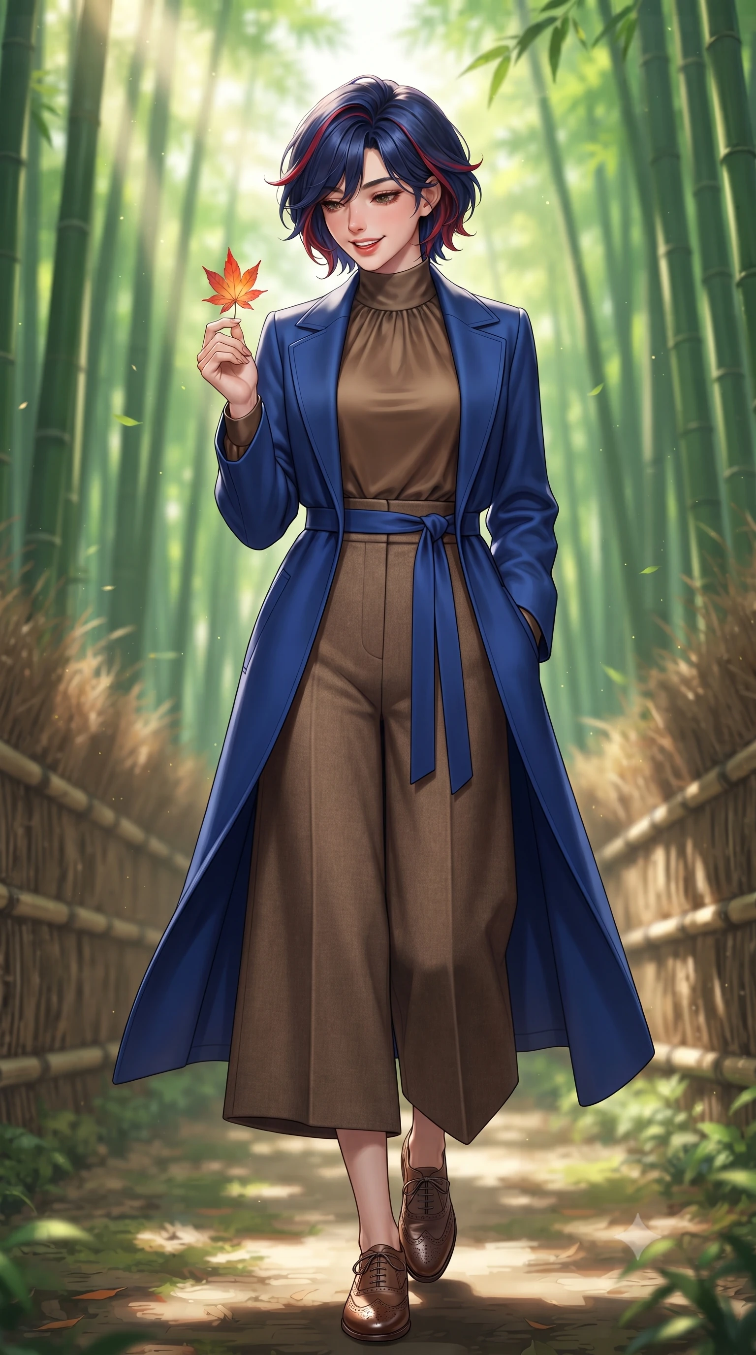 score_9, masterpiece, best quality, ultra-detailed, high-budget anime keyframe, editorial fashion photography, tasteful artistic composition, Korean woman. close-up cowboy shot from the waist and thighs up, the character dominates the composition, filling the frame with her large presence. holding a single autumn leaf delicately between manicured fingers, admiring it with a cheerful, parted-lip smile while walking slowly beneath the towering bamboo canopy, listening to the gentle rustling leaves with peaceful aristocratic grace. The background shows a soft-focus soaring green bamboo culms stretching toward the canopy, filtered sunbeams (komorebi), and woven bamboo fences blurred into emerald, chartreuse, and jade bokeh. She has an exceptionally elegant, slender, and willowy female figure with an ultra-slim waist, flat toned midriff, narrow ribcage, and sculpted feminine hips creating an alluring, slim hourglass silhouette without bulk. sharp v-shaped jawline, high-bridge nose, intricate jewel-like sparkling eyes with depth, thick eyelashes, glossy parted lips with a natural peach sheen, bright cheerful beaming smile with an enchanting and coquettish sensual glint, exuding both youthful cute charm and seductive allure, flawlessly proportioned anatomical accuracy, strict slender model proportions, natural body alignment, perfectly sculpted long slender limbs, ultra-slim waistline, clean dynamic posture without body distortion. wearing a modern tailored silk-blend robe coat with minimalist sash belt layered over a high-neck blouse and wide culottes in royal sapphire blue and antique brushed bronze, woven from fine Australian merino wool with a smooth fluid drape and subtle sheen, complemented by classic polished leather oxfords with brogue perforations, the bespoke architectural tailoring hugging her natural waistline with sartorial precision, creating a clean graceful hourglass silhouette with tall model elegance. illuminated by soft green foliage bounce and crisp jade-gold rim lights sculpting her razor-sharp jawline and tall willowy frame. ultra-reflective glossy finish, specular highlights, rich textural contrasts, high-contrast stereoscopic depth, volumetric dynamic lighting, 2k, ultra detail, master piece, 9:16 ratio