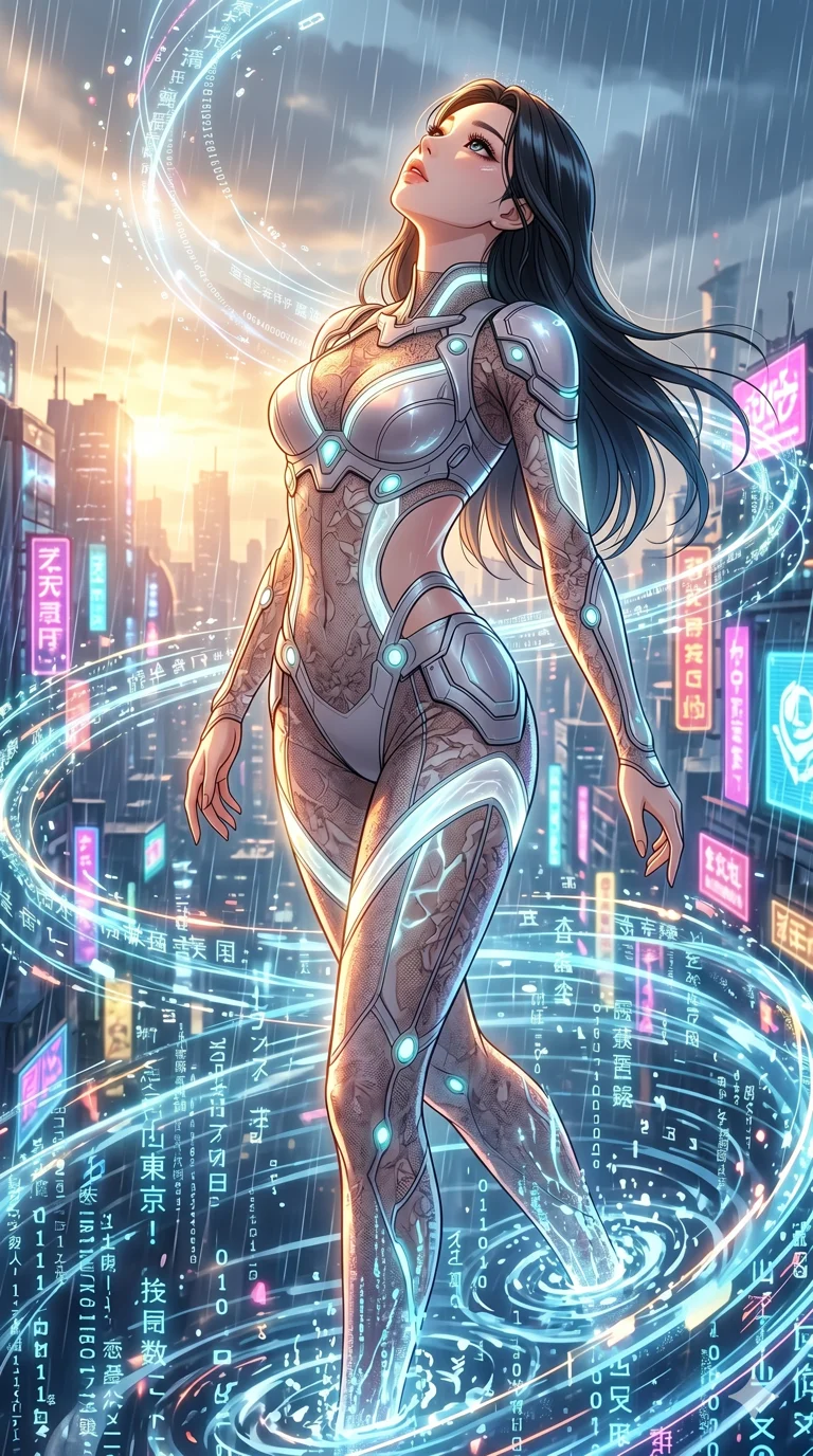score_9, masterpiece, best quality, ultra-detailed, High-budget Anime Keyframe, vibrant colors, fluid line-art, expressive lighting, cinematic composition, Ufotable-style visual effects, top-tier animation quality, Japanese woman with delicate and elegant anime-inspired features. Low angle cowboy shot filling the entire 9:16 frame with her statuesque presence, looking up to emphasize her height. Diving into a vast sea of digital code and liquid light, her form becoming one with the stream of information. She has an absolutely perfect 8-heads proportion, an exceptionally tall and slender female figure with impossibly long slender legs and an ultra-slim waist, her statuesque height and towering silhouette dominating the vertical 9:16 frame. Her face is a masterpiece featuring a sharp v-shaped jawline, high-bridge nose, intricate jewel-like eyes with depth, thick eyelashes, and glossy lips with a natural sheen. She is wearing a Sheer lace catsuit with strategically placed armor plating and glowing energy nodes crafted from Bioluminescent silk that emits a soft, ethereal glow from within the fabric, featuring strategic side cut-outs that emphasize her ultra-slim waist and hips. The scene is set in a sprawling cyberpunk metropolis in heavy rain with vibrant neon glows reflecting on every surface, illuminated by golden hour sunlight that gives her skin a warm, radiant glow. 2k, ultra detail, master piece, 9:16 ratio