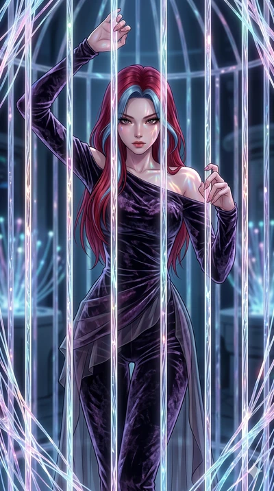 score_9, masterpiece, best quality, ultra-detailed, High-budget Anime Keyframe, East Asian woman. Dynamic full-body shot stretching the vertical silhouette to the limit. Scenario 12: Trapped in a cage of glowing crystalline fibers, body pressing agai