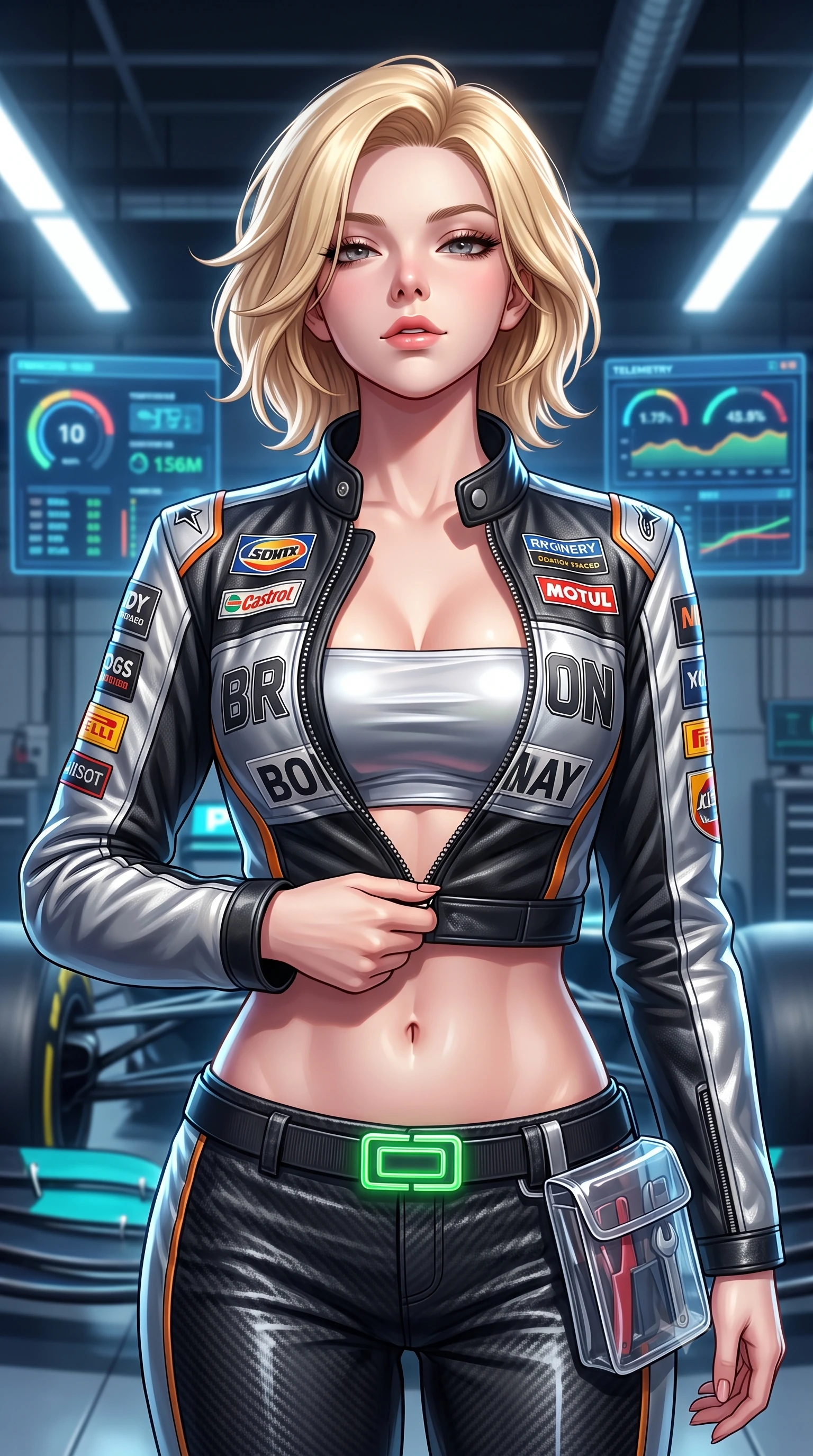 score_9, masterpiece, best quality, ultra-detailed, high-budget anime keyframe, semi-realistic 3D game render, editorial fashion photography, tasteful artistic composition, Caucasian woman. close-up cowboy shot from the waist and thighs up, the character dominates the composition, filling the frame with her large presence. tilting her chin up with proud, sovereign allure while gazing through thick eyelashes with an irresistible, dangerous bedroom-gaze while unzipping her leather racing suit with a slow, teasing smile, eyes locked with daring magnetism on the viewer. The surrounding environment is rendered in vivid detail and crisp panoramic clarity. detailed leather racing suit sponsor patches, zipper teeth, and glowing telemetry HUD screens in high resolution. She has an exceptionally elegant, slender, and willowy female figure with an ultra-slim waist, a gracefully sculpted slender torso, toned flat midriff, and a refined slim silhouette. sharp v-shaped jawline, high-bridge nose, intricate jewel-like eyes with depth, thick eyelashes, glossy parted lips with a natural sheen, intensely captivating and seductive expression, flawlessly proportioned anatomical accuracy, strict slender model proportions, natural body alignment, perfectly sculpted long slender limbs, ultra-slim waistline, clean dynamic posture without body distortion. wearing a cropped leather racing jacket unzipped over a reflective silver bandeau top and low-rise carbon track pants in high-gloss asphalt black and hazard neon yellow, made of breathable technical athletic mesh and liquid-finish track nylon, complemented by a neon LED belt buckle and translucent vinyl tool pouch, the liquid-tight tailored fabric emphasizing every curve of her tall, slender model proportions and sculptured silhouette. surrounded by a fierce, electrifying, and irresistibly intoxicating motorsport queen aura. highly saturated vibrant anime colors, detailed shading with soft gradients, rich glossy textures, high-contrast stereoscopic depth, volumetric dynamic lighting, master piece, 9:16 ratio