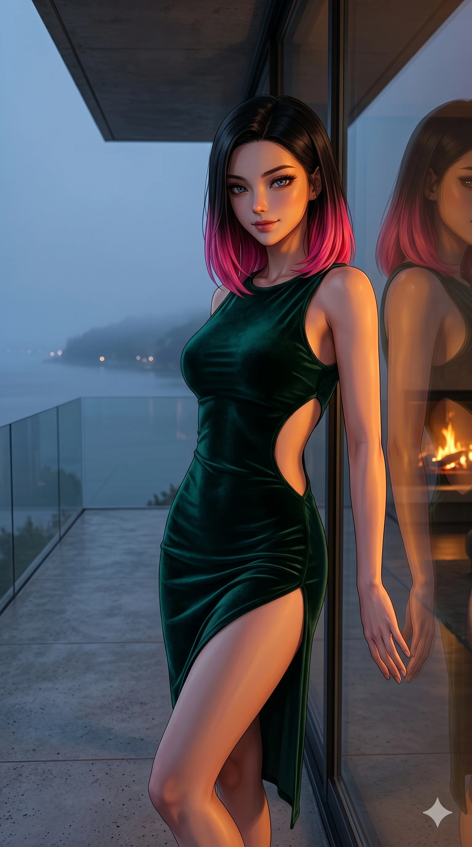 score_9, masterpiece, best quality, ultra-detailed, high-budget anime keyframe, editorial fashion photography, tasteful artistic composition, Korean woman. cowboy shot from the thighs up, character and outfit filling the frame for maximum editorial presence. leaning against the glass window, looking directly into the lens with a sultry half-smile on a modern concrete balcony overlooking a misty bay at twilight (Code-P18-085). She has an absolutely perfect 8-heads proportion, an exceptionally tall and slender female figure with impossibly long slender legs and an ultra-slim waist. V-shaped jawline, high-bridge nose, intricate jewel-like eyes with depth, thick eyelashes, glossy lips with a natural sheen. wearing a velvet bodycon dress with dramatic side cutouts and a high slit. warm amber firelight casting dancing shadows and a soft golden glow over her features. 2k, ultra detail, master piece, 9:16 ratio