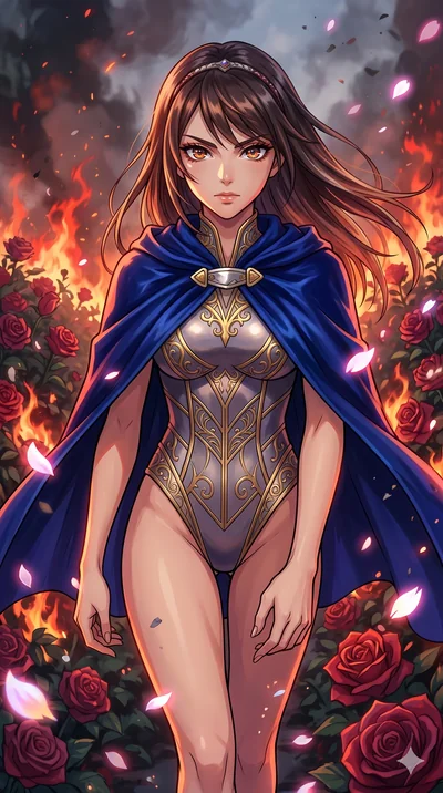 score_9, masterpiece, best quality, ultra-detailed, Set A: High-budget Anime Keyframe, Japanese woman. Upper body close-up from the thighs up, character filling the screen for maximum presence. Walking gracefully through a burning rose garden, with a