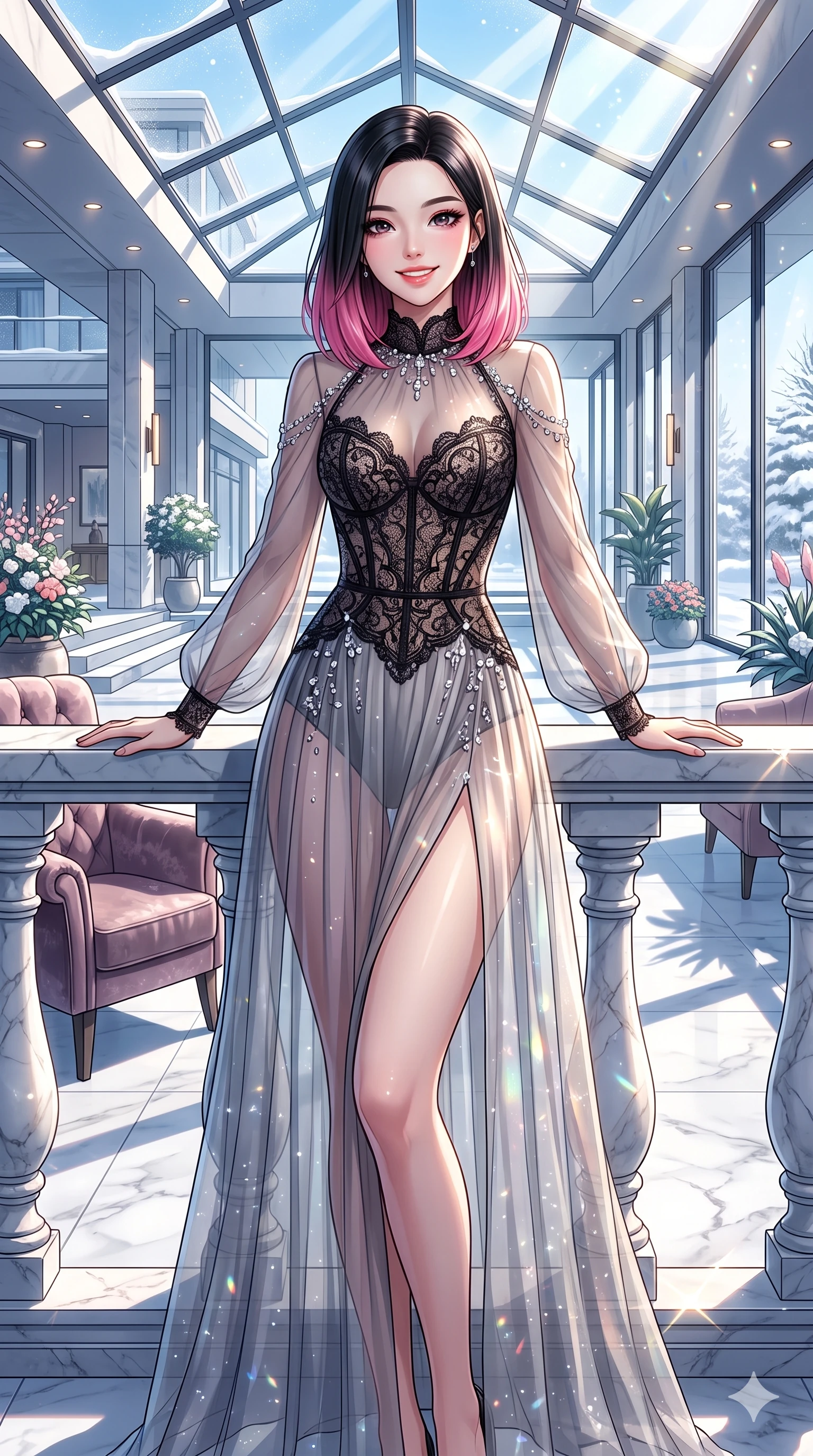score_9, masterpiece, best quality, ultra-detailed, high-budget anime keyframe, vibrant anime aesthetic, Korean woman. cowboy shot from the thighs up, character and outfit filling the frame for maximum presence. She is leaning back with a bright, radiant winter smile, looking directly into the lens by a resort lobby patio under a winter skylight (Code-P21-190). She has an absolutely perfect 8-heads proportion, an exceptionally tall and slender female figure with impossibly long slender legs and an ultra-slim waist. V-shaped jawline, high-bridge nose, intricate jewel-like eyes with depth, thick eyelashes, glossy lips with a natural sheen. wearing a semi-transparent chiffon gown featuring a black lace corset bodice in winter. She is illuminated by brilliant winter sunbeams casting sharp shadows on the clean marble terrace. 2k, ultra detail, master piece, 9:16 ratio