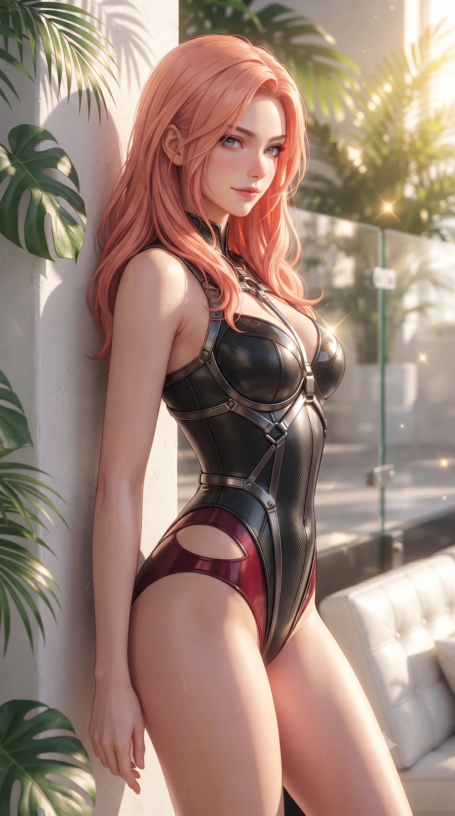 score_9, masterpiece, best quality, ultra-detailed, high-budget anime keyframe, editorial fashion photography, tasteful artistic composition, Japanese woman. close-up cowboy shot from the waist and thighs up, the character dominates the composition, filling the frame with her large presence, background elements kept in soft focus. Glancing sidelong over her shoulder with a smoldering, enigmatic half-smile, resting against a white plaster wall wrapped in lush green monstera shadows, bright sunlight glinting off white leather and polished glass balustrades. She has an exceptionally elegant, slender, and willowy female figure with an ultra-slim waist, a gracefully sculpted slender torso, and a refined silhouette. sharp v-shaped jawline, high-bridge nose, intricate jewel-like eyes with depth, thick eyelashes, glossy lips with a natural sheen. wearing sculpted structured cup bodysuit in matte black carbon-fiber with hip cutouts in deep crimson burgundy, made of high-gloss liquid vinyl, highlighted by a gunmetal metallic harness structure, the fitted fabric emphasizing her ultra-slim waist. bathed in bright golden sunlight filtering through tropical palm fronds. ultra-reflective glossy finish, specular highlights, metallic sheen, high-contrast stereoscopic depth, volumetric dynamic lighting, 2k, ultra detail, master piece, 9:16 ratio
