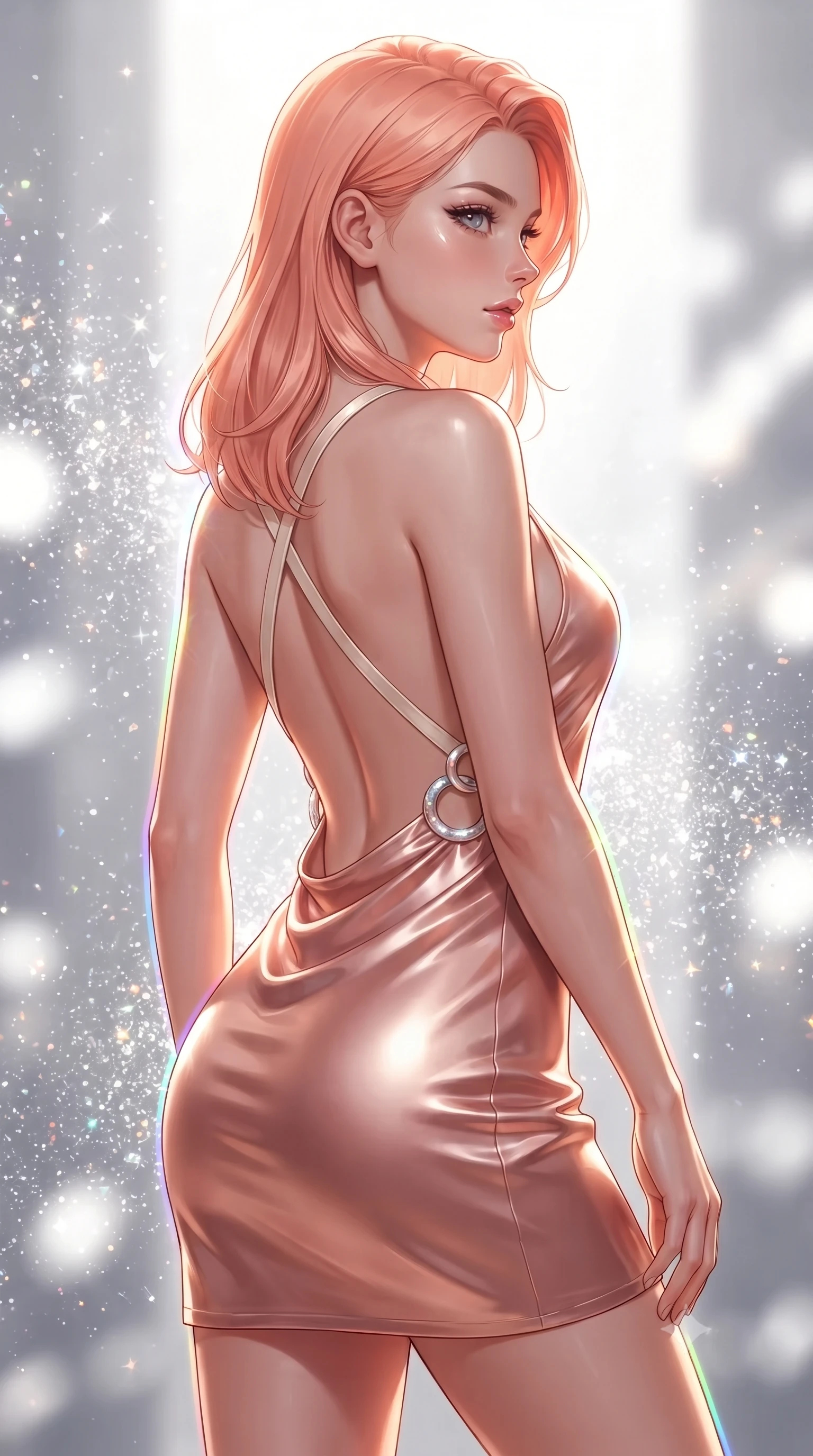 score_9, masterpiece, best quality, ultra-detailed, high-budget anime keyframe, editorial fashion photography, tasteful artistic composition, Japanese woman. close-up cowboy shot from the waist and thighs up, the character dominates the composition, filling the frame with her large presence, background elements kept in soft focus. Turning her face in sharp dramatic profile against the radiant light, resting amidst a storm of suspended diamond dust glitter, razor-sharp rainbow light lines tracing her silhouette contours. She has an exceptionally elegant, slender, and willowy female figure with an ultra-slim waist, a gracefully sculpted slender torso, and a refined silhouette. sharp v-shaped jawline, high-bridge nose, intricate jewel-like eyes with depth, thick eyelashes, glossy lips with a natural sheen. wearing dramatically scooped backless rose-gold satin mini dress with criss-cross straps in glowing ivory, made of soft rose-gold satin, accented with sculpted opal chrome rings at the waist, contouring every curve with an exceptionally elegant silhouette. bathed in intense specular highlights against bright white glass reflections. ultra-reflective glossy finish, specular highlights, metallic sheen, high-contrast stereoscopic depth, volumetric dynamic lighting, 2k, ultra detail, master piece, 9:16 ratio