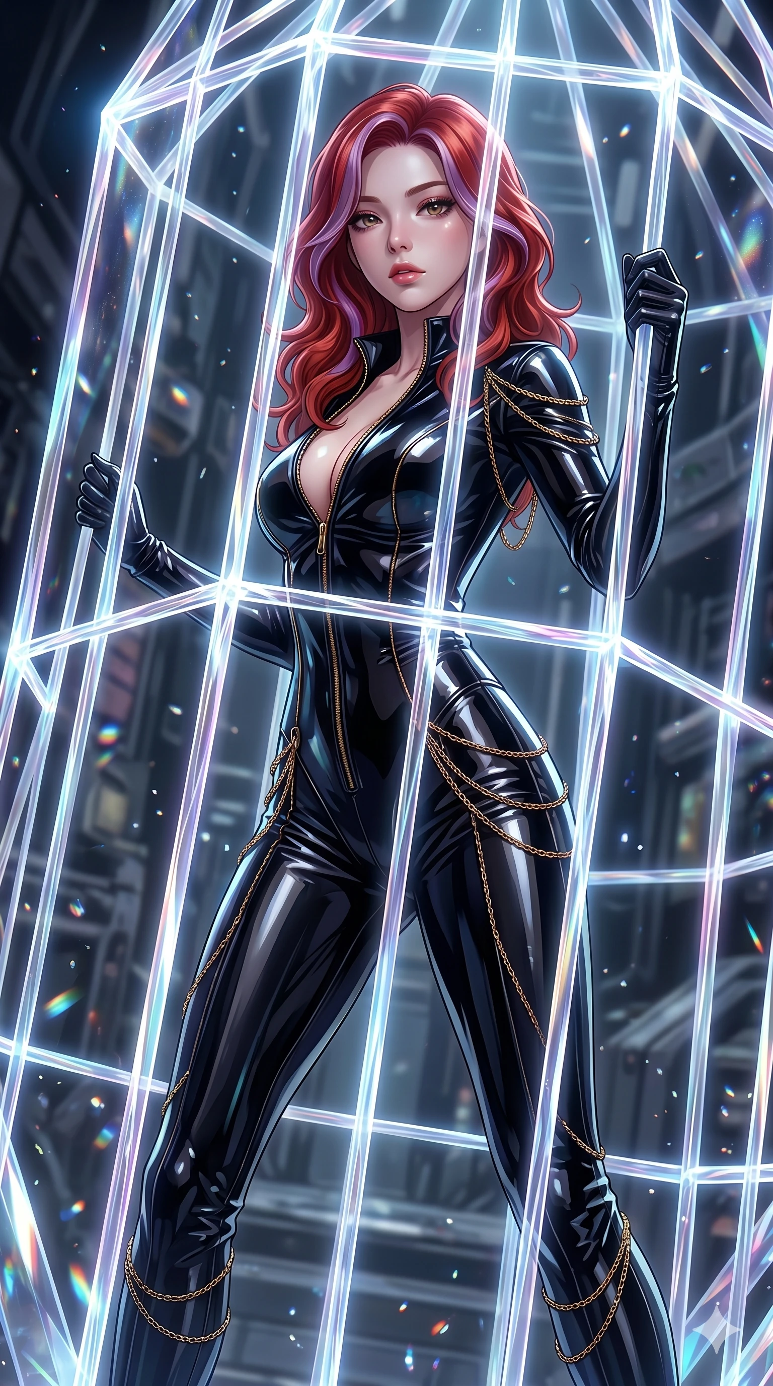 score_9, masterpiece, best quality, ultra-detailed, High-budget Anime Keyframe, East Asian woman. Dynamic full-body shot stretching the vertical silhouette to the limit. Scenario 262: Trapped in a cage of glowing crystalline fibers, body pressing against the bars. Her presence is magnetic and overpowering in this high-budget anime scene. Outfit 262: A patent leather second with a unzipped detail and fine gold chains. The clothing is designed to emphasize her exceptionally tall and slender 8-heads proportion. 8-heads proportion, towering silhouette, ultra-slim waist. sharp v-shaped jawline, intricate jewel-like eyes with depth, thick eyelashes, glossy lips. 2k, ultra detail, master piece, 9:16 ratio