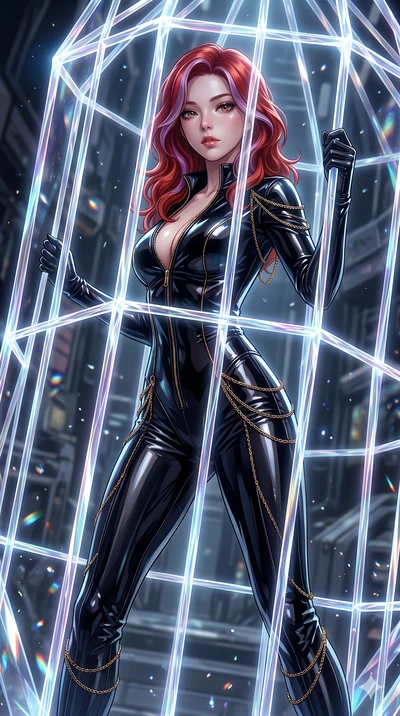 score_9, masterpiece, best quality, ultra-detailed, High-budget Anime Keyframe, East Asian woman. Dynamic full-body shot stretching the vertical silhouette to the limit. Scenario 262: Trapped in a cage of glowing crystalline fibers, body pressing aga