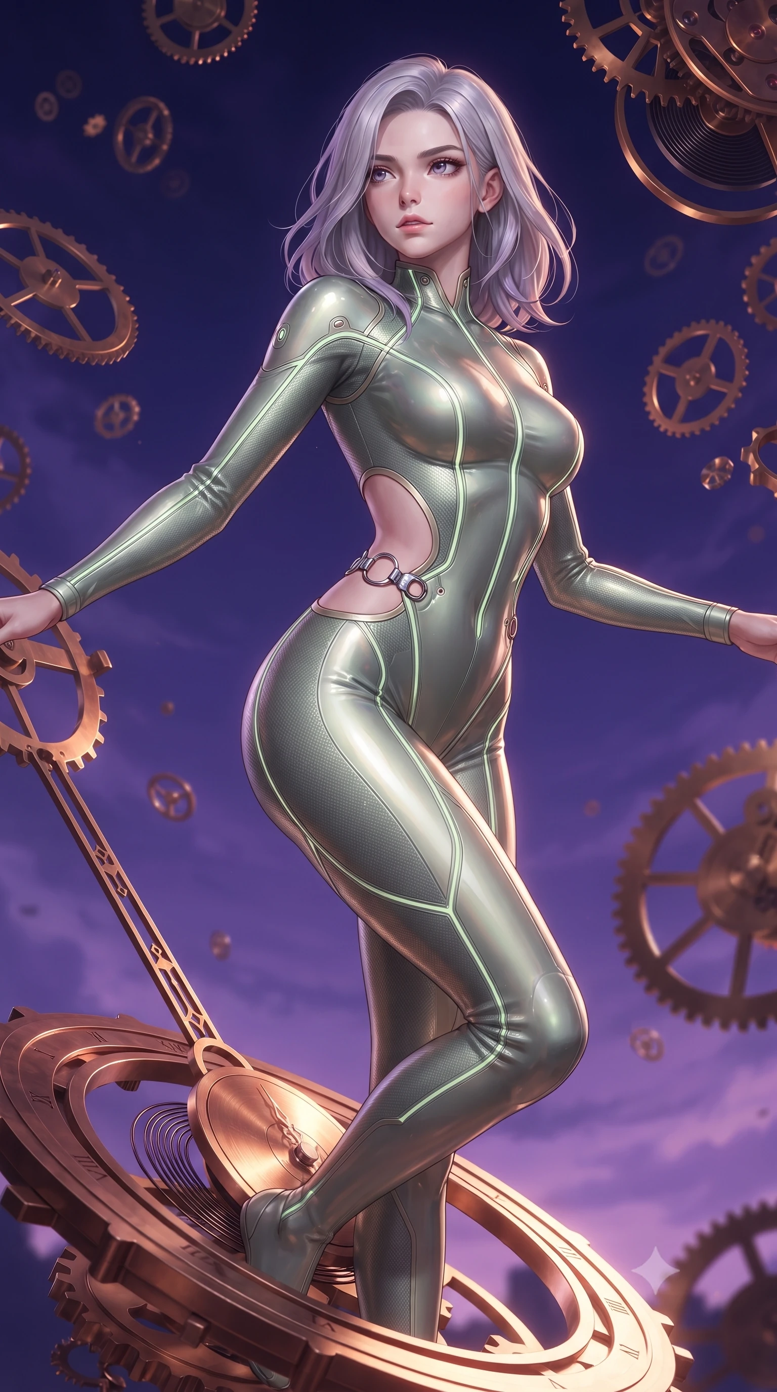 score_9, masterpiece, best quality, ultra-detailed, high-budget anime keyframe, editorial fashion photography, tasteful artistic composition, Caucasian woman. close-up cowboy shot from the waist and thighs up, the character dominates the composition, filling the frame with her large presence, background elements kept in soft focus. Gazing past the lens with composed intensity as her torso curves dynamically in mid-motion while stepping along a curved clockwork pendulum arm under a dramatic twilight sky, floating brass gears and clocksprings casting intricate metallic reflections. She has an exceptionally elegant, slender, and willowy female figure with an ultra-slim waist, a gracefully sculpted slender torso, and a refined silhouette. sharp v-shaped jawline, high-bridge nose, intricate jewel-like eyes with depth, thick eyelashes, glossy lips with a natural sheen, flawlessly proportioned anatomical accuracy, natural body alignment, perfectly sculpted elegant limbs, clean dynamic posture without body distortion. wearing a skin-tight cybernetic bodysuit with glowing neon seams and side cutouts in sage green and oatmeal, made of fine carbon-fiber weave and soft matte leather, accented with delicate chrome ring hardware framing her waist, the form-contouring material highlighting her ultra-slim waist and long lines. surrounded by a contrast of deep violet sky and radiant bronze mechanical light. ultra-reflective glossy finish, specular highlights, metallic sheen, high-contrast stereoscopic depth, volumetric dynamic lighting, 2k, ultra detail, master piece, 9:16 ratio