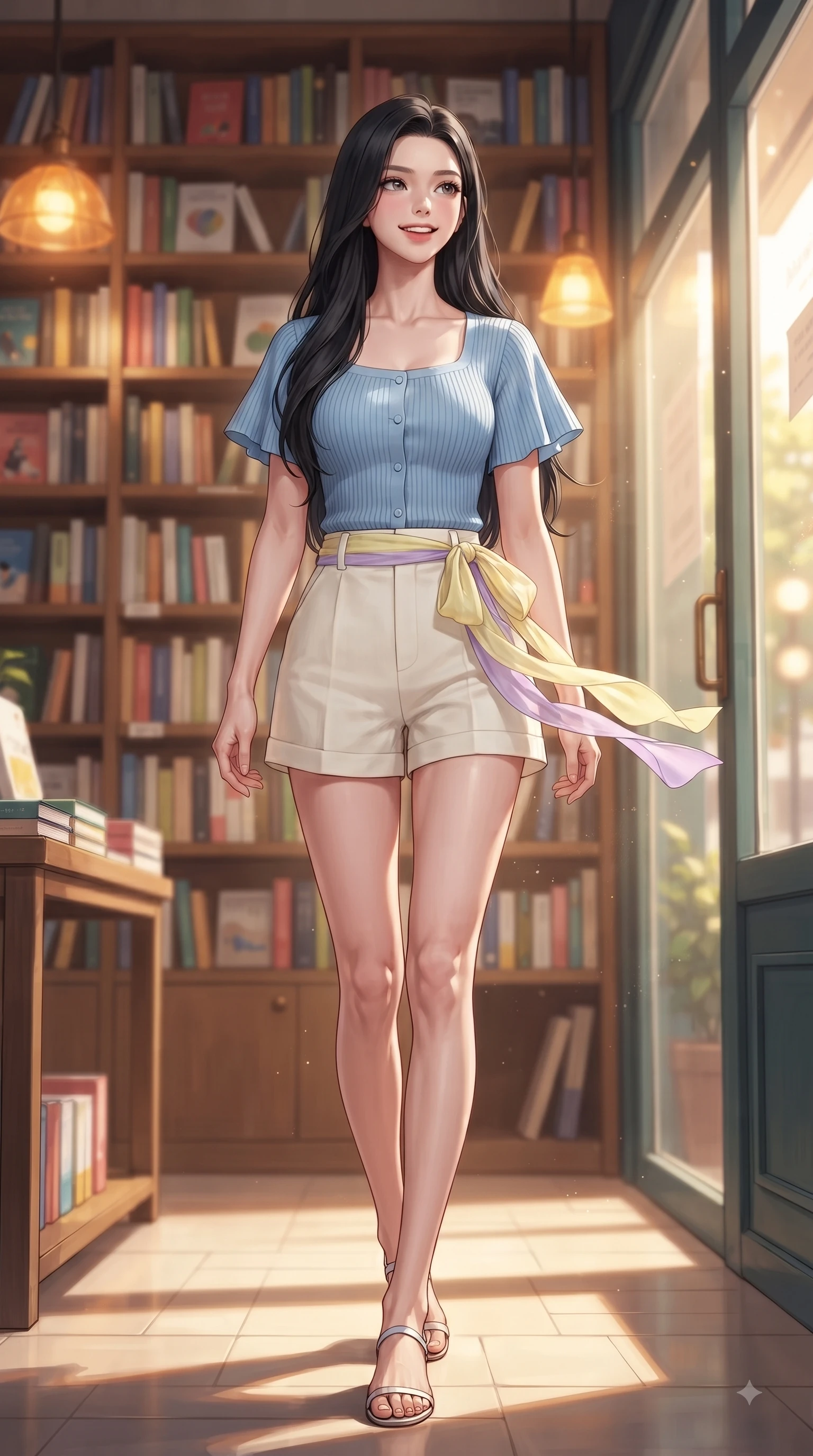 score_9, masterpiece, best quality, ultra-detailed, high-budget anime keyframe, editorial fashion photography, tasteful artistic composition, Korean woman. low angle full-body shot from head to toe showing her feet, filling the entire 9:16 vertical frame with her statuesque presence, stretching her vertical silhouette. walking forward in a proud dynamic stride with a cheerful beaming smile, her vertical silhouette filling the frame while browsing tall wooden bookshelves lined with colorful volumes with a curious, gentle smile. The composition keeps background elements in soft focus with dreamy bokeh. warm oak book stacks and glowing amber lamps blurred into cozy, creamy background bokeh. She has an absolutely perfect, statuesque 8.5-heads proportion, an exceptionally tall and slender model-like female figure with impossibly long slender legs and an ultra-slim waist. sharp v-shaped jawline, high-bridge nose, intricate jewel-like eyes with depth, thick eyelashes, glossy lips with a natural sheen, flawlessly proportioned anatomical accuracy, natural body alignment, perfectly sculpted elegant limbs, clean dynamic posture without body distortion. wearing a sky-blue ribbed short-sleeve cardigan with high-waist linen shorts and a dainty waist sash in soft lemon yellow and lavender violet, made of fine lightweight chiffon that flutters gently in the breeze, featuring elegant flutter sleeves and a graceful square neckline, the chic real-way fashion cut emphasizing her effortless charm. bathed in warm golden sunlight streaming through clean glass cafe windows. ultra-reflective glossy finish, specular highlights, metallic sheen, high-contrast stereoscopic depth, volumetric dynamic lighting, 2k, ultra detail, master piece, 9:16 ratio