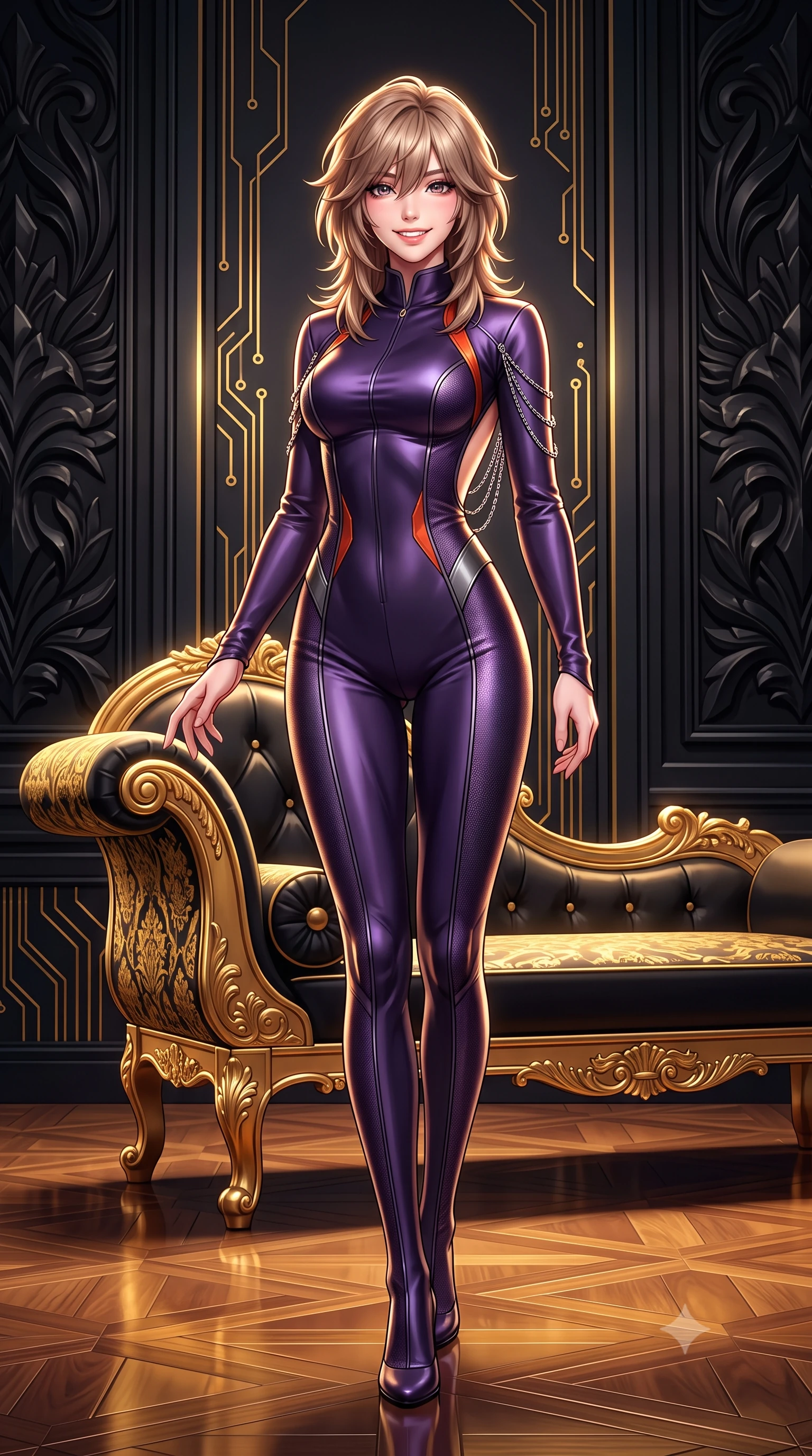 score_9, masterpiece, best quality, ultra-detailed, high-budget anime keyframe, semi-realistic 3D game render, editorial fashion photography, tasteful artistic composition, Japanese woman. low angle full-body shot from head to toe showing her feet, filling the entire 9:16 vertical frame with her statuesque presence, stretching her vertical silhouette. stepping slowly toward the camera with hypnotic grace, hips swaying in an alluring sensual rhythm that accentuates her curvy hourglass silhouette and long slender legs while lounging gracefully across the antique gilded chaise propped on one elbow with legs extended, displaying her long slender limbs and statuesque hourglass silhouette with regal anime flair. The surrounding environment is rendered in vivid detail and crisp panoramic clarity: sharp hand-carved black obsidian relief carvings, pulsing gold micro-circuitry inlays, and polished stage parquet reflections in deep focus. She has an exceptionally tall and slender model-like 8.5-heads proportion, an ultra-slim waist, a flat toned midriff, narrow delicate ribcage, and beautifully sculpted feminine hips creating a graceful, slim hourglass silhouette without any bulky heaviness, with impossibly long slender legs. sharp v-shaped jawline, high-bridge nose, intricate jewel-like sparkling eyes with depth, thick eyelashes, glossy parted lips with a natural peach sheen, bright cheerful beaming smile with an enchanting and coquettish sensual glint, exuding both youthful cute charm and seductive allure, flawlessly proportioned anatomical accuracy, strict slender model proportions, natural body alignment, perfectly sculpted long slender limbs, ultra-slim waistline, clean dynamic posture without body distortion. wearing a form-fitting orbital flight command jumpsuit in dark purple liquid satin with a high collar, contouring tightly to her narrow waist and feminine hips in volcanic ember orange and brushed gunmetal, tailored from high-density tech-wool with subtle metallic thread weave, accented with an open-back drape framed by falling strands of delicate chrome chains, the glove-like clinging cut tightly following the natural contour of her hips and long slender legs with youthful 8.5-heads elegance. illuminated by polished parquet reflection bounce and sharp gold-plasma rim lights sculpting her jawline, narrow waist, and curvy hips. highly saturated vibrant anime colors, detailed shading with soft gradients, rich glossy textures, high-contrast stereoscopic depth, volumetric dynamic lighting, master piece, 9:16 ratio