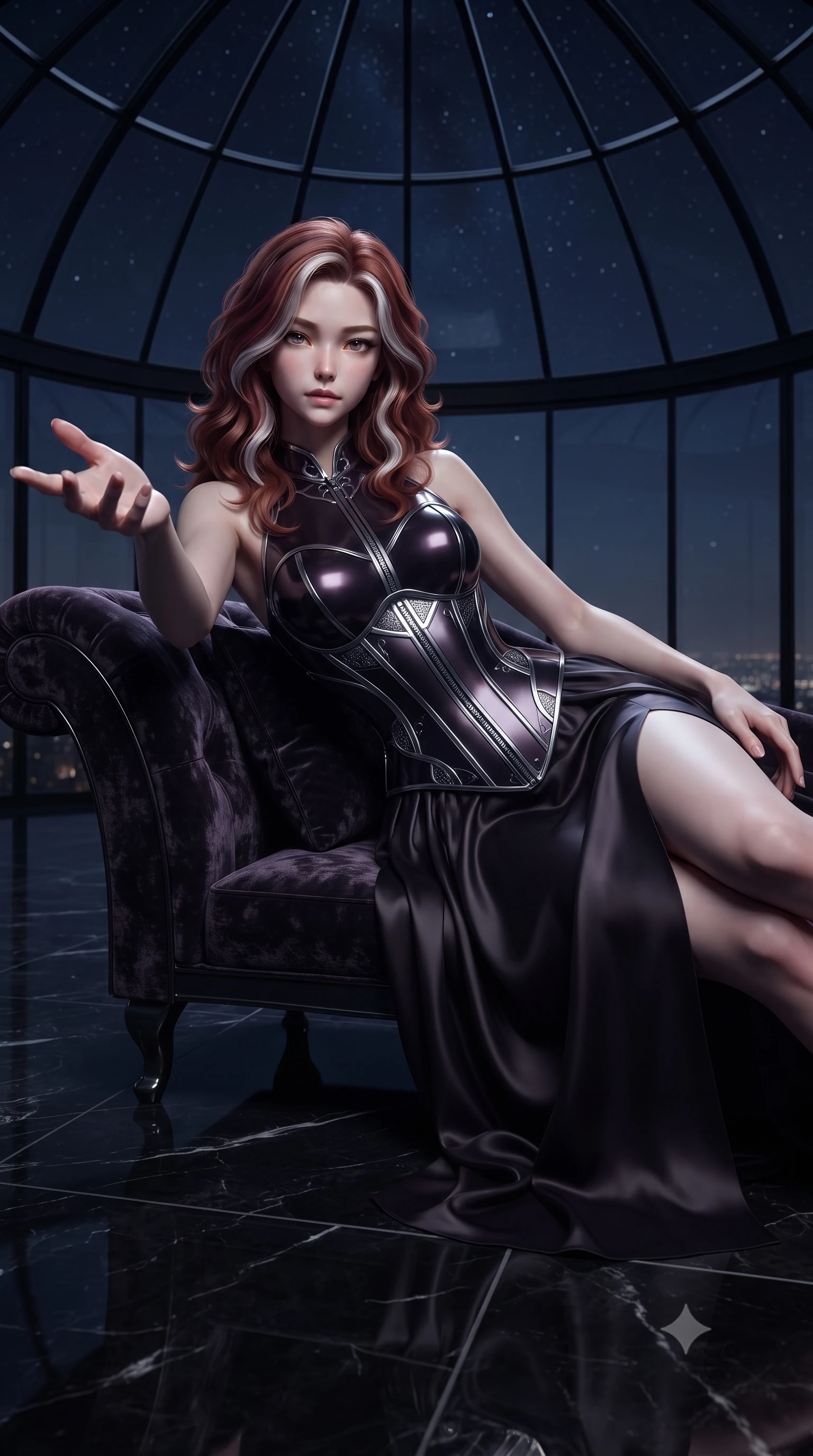 score_9, masterpiece, best quality, ultra-detailed, high-budget anime keyframe, editorial fashion photography, tasteful artistic composition, Caucasian woman. close-up cowboy shot from the waist and thighs up, the character dominates the composition, filling the frame with her large presence, background elements kept in soft focus. Reaching one hand toward the viewer with relaxed dark elegance, resting on a dark velvet chaise lounge under a massive glass sky dome at 2 AM, dark polished marble floor reflecting her silhouette like black glass. She has an exceptionally elegant, slender, and willowy female figure with an ultra-slim waist, a gracefully sculpted slender torso, and a refined silhouette. sharp v-shaped jawline, high-bridge nose, intricate jewel-like eyes with depth, thick eyelashes, glossy lips with a natural sheen. wearing modern fusion dark hanbok dress with structured obsidian bodice in dark plum violet, made of sculpted obsidian metallic chrome, finished with metallic silver boning and sleek zipper points, sculpting her athletic slender build with refined precision. bathed in dramatic nocturnal chiaroscuro with sharp silver rim highlights. highly saturated vibrant anime colors, detailed shading with soft gradients, rich glossy textures, high-contrast stereoscopic depth, volumetric dynamic lighting, master piece, 9:16 ratio