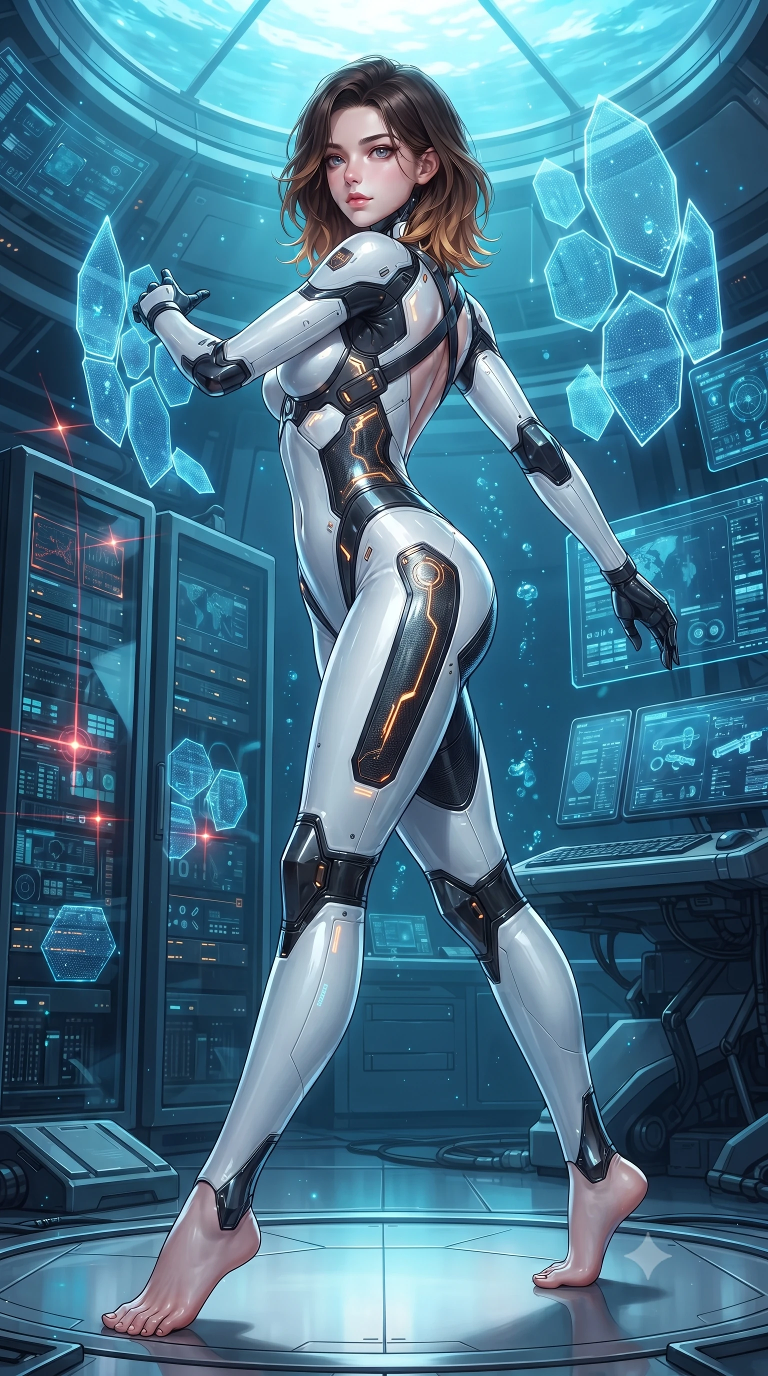 score_9, masterpiece, best quality, ultra-detailed, high-budget anime keyframe, editorial fashion photography, tasteful artistic composition, Korean woman. low angle full-body shot from head to toe showing her feet, filling the entire 9:16 vertical frame with her statuesque presence, stretching her vertical silhouette. pivoting dynamically in mid-motion with a breathtakingly alluring posture, displaying her flawless model proportions, toned flat midriff, and ultra-slim waist while pivoting dynamically as water caustics from the surrounding ocean dome dance across her form-contouring carbon battle-suit. The surrounding environment is rendered in vivid detail and crisp panoramic clarity. sharp chrome pistol slide details, laser targeting beam emitter points, and server glass reflections in deep focus. She has an absolutely perfect, statuesque 8.5-heads proportion, an exceptionally tall and slender model-like female figure with impossibly long slender legs, a toned flat midriff, and an ultra-slim waist. sharp v-shaped jawline, high-bridge nose, intricate jewel-like eyes with depth, thick eyelashes, glossy lips with a natural sheen, flawlessly proportioned anatomical accuracy, strict slender model proportions, natural body alignment, perfectly sculpted long slender limbs, ultra-slim waistline, clean dynamic posture without body distortion. wearing a high-contrast monochrome white-and-black carbon-composite exoskeleton suit with glowing amber circuitry, deploying floating hexagonal holographic energy shields with sovereign grace in deep crimson carbon weave with specular dark chrome accents, crafted from semi-translucent cybernetic carbon-vinyl interwoven with glowing micro-filaments, complemented by criss-cross back harness straps highlighting her completely bare spine, the sleek second-skin cut tightly hugging her graceful clavicle, narrow waist, and feminine curves with athletic precision. bathed in luminous sapphire and cyan aquatic backlighting with glittering water surface caustics. ultra-reflective glossy finish, specular highlights, dark metallic sheen, high-contrast stereoscopic depth, volumetric dynamic lighting, 2k, ultra detail, master piece, 9:16 ratio