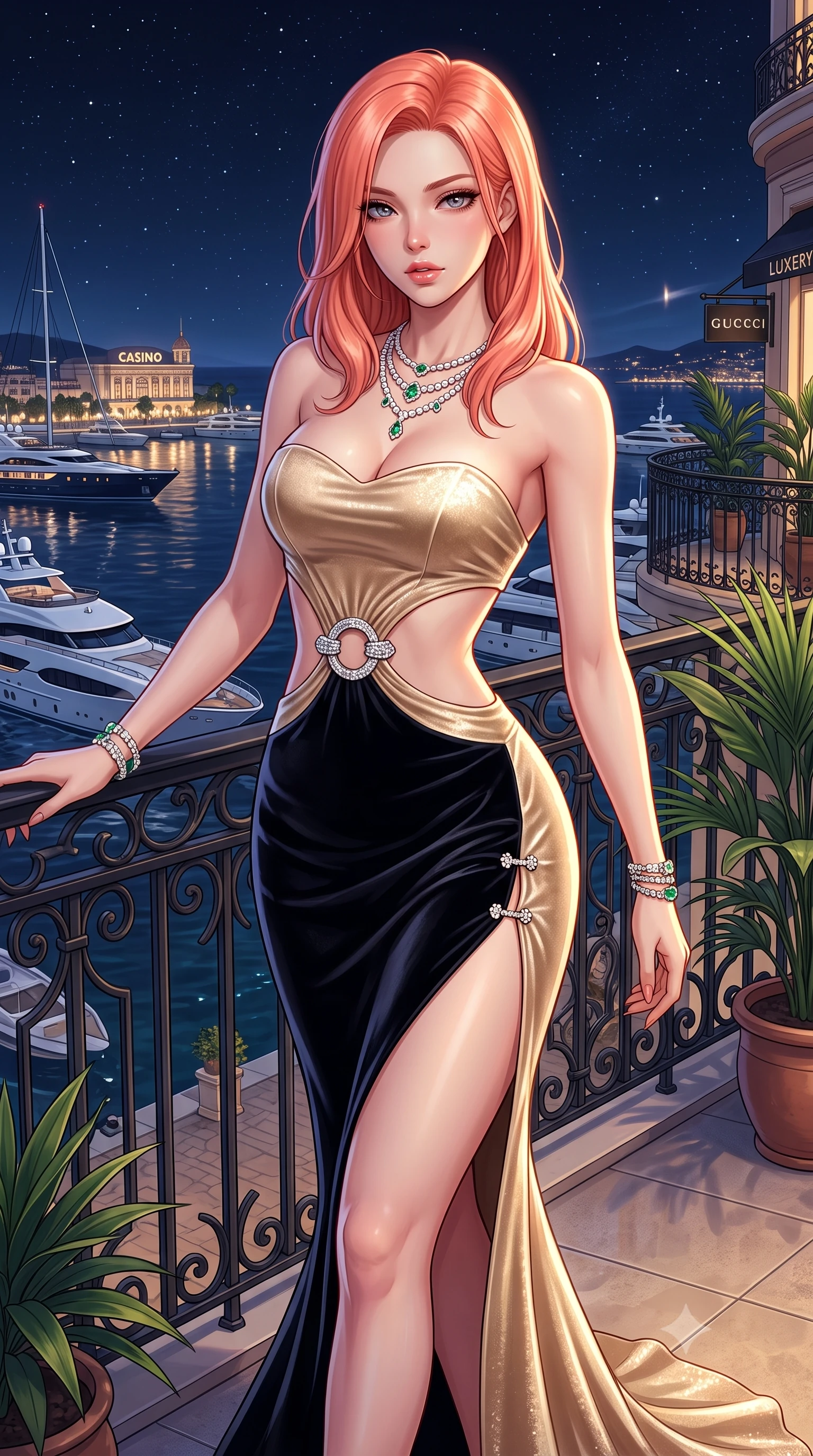 score_9, masterpiece, best quality, ultra-detailed, high-budget anime keyframe, semi-realistic 3D game render, editorial fashion photography, tasteful artistic composition, Japanese woman. close-up cowboy shot from the waist and thighs up, the character dominates the composition, filling the frame with her large presence. leaning back with relaxed seductive grace, her sculpted collarbones and narrow waist highlighted as she casts smoldering bedroom-eyes directly into the camera while striding dynamically along the marina balcony as superyacht horns echo below, her glittering backless dress tightly hugging her feminine curves. The surrounding environment is rendered in vivid detail and crisp panoramic clarity. detailed sequin dress reflections, diamond necklace fire, and Mediterranean night harbor in high clarity. She has an exceptionally elegant, slender, and willowy female figure with an ultra-slim waist, a gracefully sculpted slender torso, toned flat midriff, and rounded feminine hips creating an alluring hourglass silhouette. sharp v-shaped jawline, high-bridge nose, intricate jewel-like eyes with depth, thick eyelashes, glossy parted lips with a natural sheen, intensely captivating and seductive bedroom-eyes expression, flawlessly proportioned anatomical accuracy, strict slender model proportions, natural body alignment, perfectly sculpted long slender limbs, ultra-slim waistline, clean dynamic posture without body distortion. wearing a sculptured strapless velvet evening gown with an open-waist ring cutout and body-hugging mermaid silhouette in champagne gold and midnight black velvet, tailored from fluid silk crepe with delicate inner corsetry boning, finished with an ultra-high side slit secured by miniature jeweled clasps, the second-skin form-contouring cut accentuating her sculpted flat midriff, narrow waistline, and dramatically curvy hips without adding bulk. surrounded by an elite, intoxicating, and irresistibly glamorous Monte Carlo heiress aura. highly saturated vibrant anime colors, detailed shading with soft gradients, rich glossy textures, high-contrast stereoscopic depth, volumetric dynamic lighting, master piece, 9:16 ratio