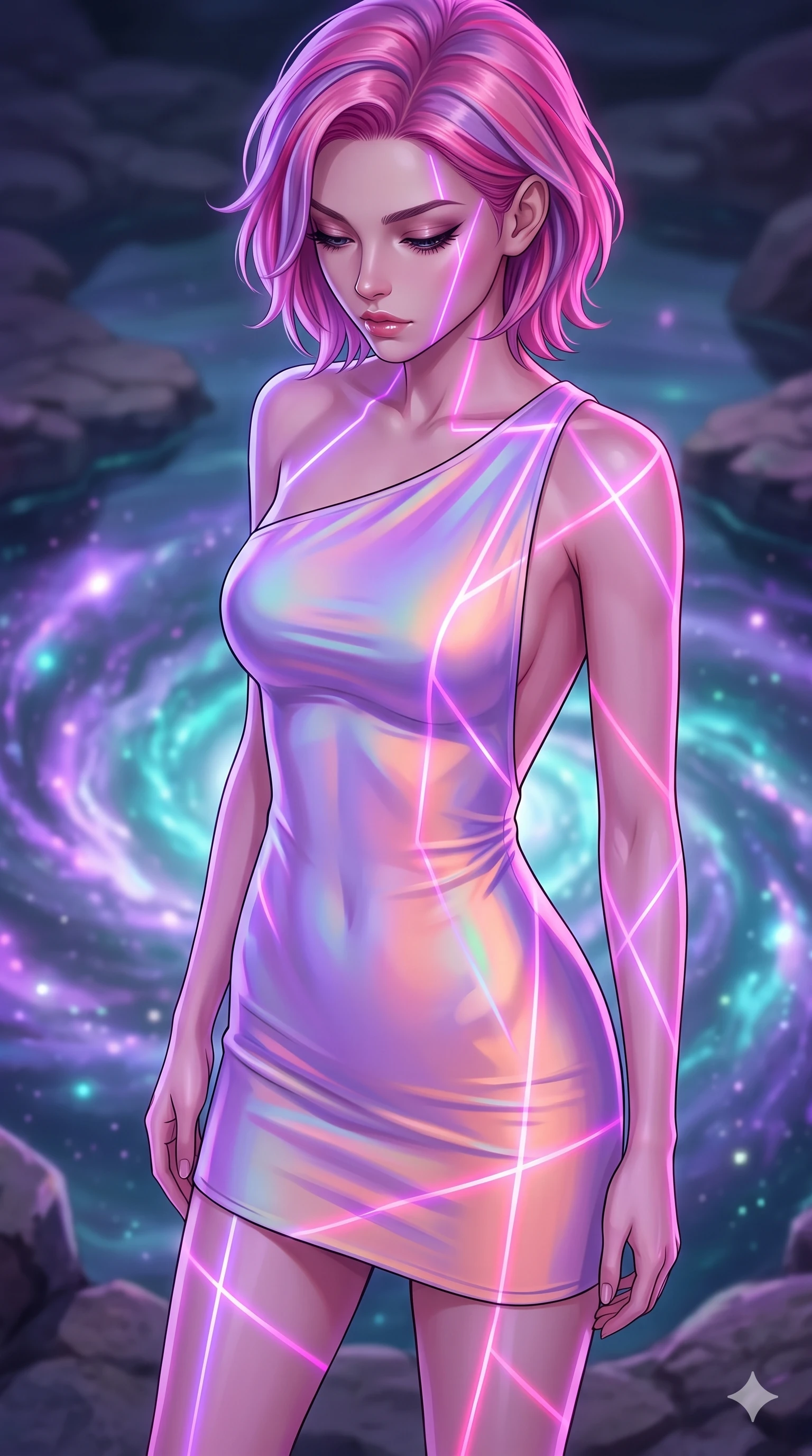 score_9, masterpiece, best quality, ultra-detailed, high-budget anime keyframe, editorial fashion photography, tasteful artistic composition, Caucasian woman, strictly human ears. close-up cowboy shot from the waist and thighs up, the character dominates the composition, filling the frame with her large presence, background elements kept in soft focus. Looking down with lowered lashes and a composed powerful expression. set against a soft-focus background of a natural rock pool at the very edge of a spiral galaxy where cosmic gases collect in swirling bioluminescent patterns of violet and teal galaxies reflected in the still luminous surface. She has an exceptionally elegant and slender, willowy female figure with an ultra-slim waist, a gracefully sculpted slender torso, and a refined slim physique. sharp v-shaped jawline, high-bridge nose, intricate jewel-like eyes with depth, thick eyelashes, glossy lips with a natural sheen. wearing a one-shoulder mini dress in a holographic lavender-to-peach colorway, with a dramatically scooped open back. laser lines of violet and hot pink reflecting off surfaces casting geometric neon highlights. 2k, ultra detail, master piece, 9:16 ratio