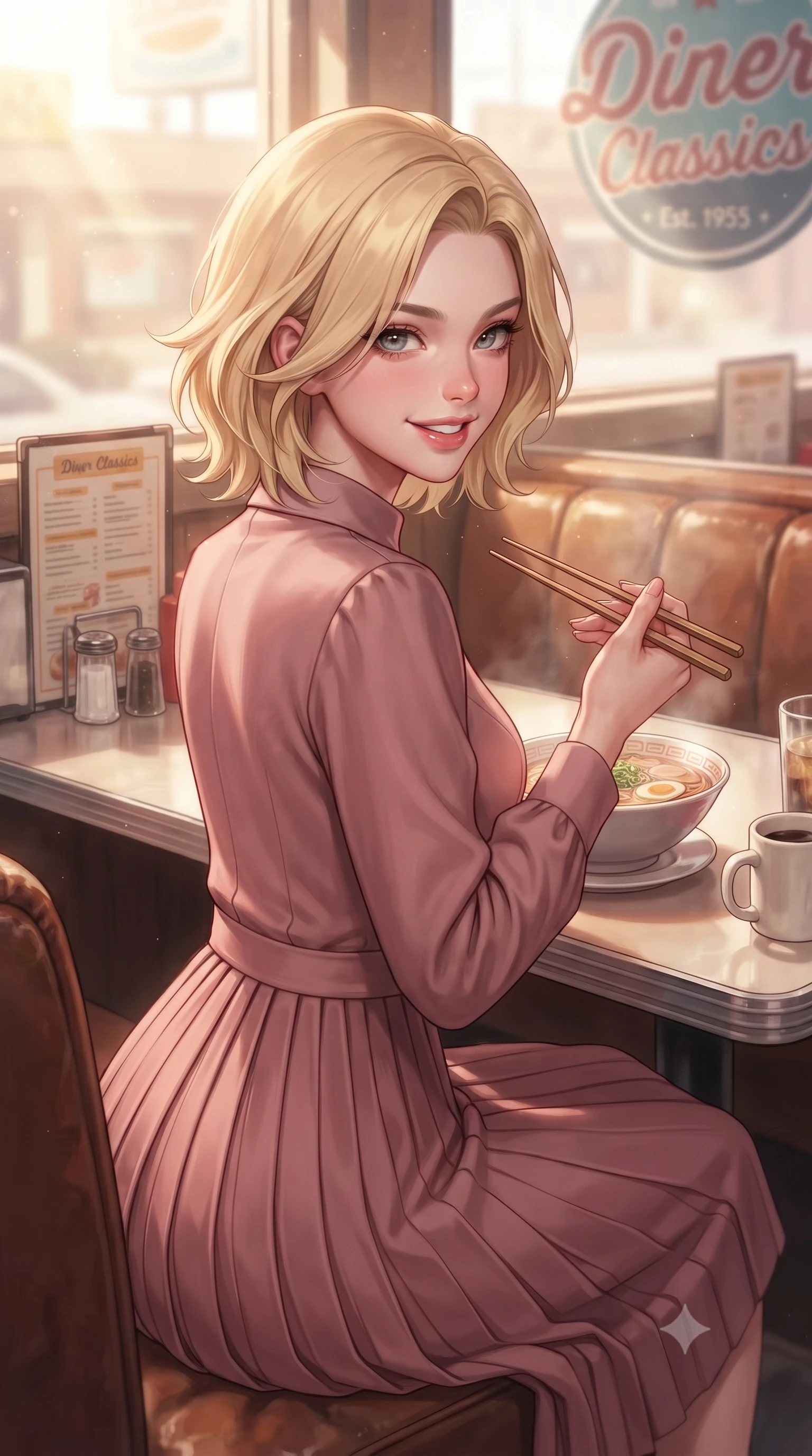 score_9, masterpiece, best quality, ultra-detailed, high-budget anime keyframe, editorial fashion photography, tasteful artistic composition, Caucasian woman. close-up cowboy shot from the waist and thighs up, the character dominates the composition, filling the frame with her large presence, background elements kept in soft focus. smiling with a playful and cute half-smile, glancing sidelong over her shoulder set against a soft-focus background of in a cozy traditional diner corner with leather booths and vintage menus holding a pair of chopsticks with a cute, excited look before eating. She has an exceptionally elegant, slender, and willowy female figure with an ultra-slim waist, a gracefully sculpted slender torso, and a refined silhouette. sharp v-shaped jawline, high-bridge nose, intricate jewel-like eyes with depth, thick eyelashes, glossy lips with a natural sheen. wearing tailored lovely long-sleeve midi dress in dusty rose, featuring a high collar and pleated skirt. crisp morning sun rays creating a fresh and energetic breakfast atmosphere. highly saturated vibrant anime colors, detailed shading with soft gradients, rich glossy textures, high-contrast stereoscopic depth, volumetric dynamic lighting, master piece, 9:16 ratio