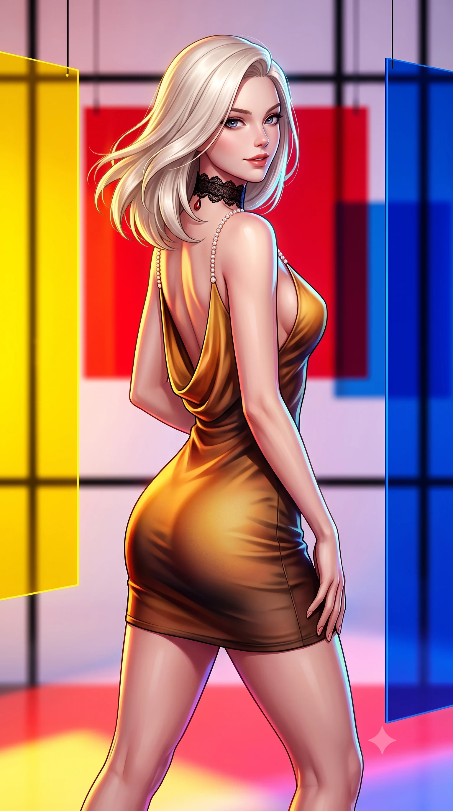 score_9, masterpiece, best quality, ultra-detailed, high-budget anime keyframe, semi-realistic 3D game render, editorial fashion photography, tasteful artistic composition, Caucasian woman. close-up cowboy shot from the waist and thighs up, the character dominates the composition, filling the frame with her large presence. turning slowly with an enchanting smoldering smile, her glossy hair tossing in the breeze as her hips angle gracefully in a captivating contrapposto while standing poised between suspended sheets of primary yellow, red, and blue acrylic, arching her back with vibrant pop-art allure. The background shows a soft-focus glowing primary red, yellow, and blue acrylic screens, black grid lines, and white gallery walls blurred into vermilion, canary, and cobalt bokeh. She has an exceptionally elegant, slender, and willowy female figure with an ultra-slim waist, flat toned midriff, narrow ribcage, and sculpted feminine hips creating an alluring, slim hourglass silhouette without bulk. sharp v-shaped jawline, high-bridge nose, sparkling eyes with hypnotic seductive depth, thick curled eyelashes, glossy parted lips with a natural dewy peach sheen, alluring bedroom-eyes with an enchanting coquettish smile, exuding magnetic siren charisma and sophisticated glamour, flawlessly proportioned anatomical accuracy, strict slender model proportions, natural body alignment, perfectly sculpted long slender limbs, ultra-slim waistline, clean dynamic posture without body distortion. wearing a low-cut draped cowl-back satin slip mini dress with dainty pearl spaghetti straps and hip-hugging silhouette in warm amber honey and antique gold leaf with dark shadow gradients, made of semi-opaque stretch illusion mesh with soft shadowy contours, accented with an ornate black lace Victorian choker featuring a single blood-red teardrop garnet, the glove-like clinging cut tightly following the natural contour of her hips and long slender legs with youthful 8.5-heads elegance. illuminated by colored panel floor bounce and sharp multi-colored rim lights defining her delicate clavicles, narrow waist, and curvy hips. highly saturated vibrant anime colors, detailed shading with soft gradients, rich glossy textures, high-contrast stereoscopic depth, volumetric dynamic lighting, master piece, 9:16 ratio