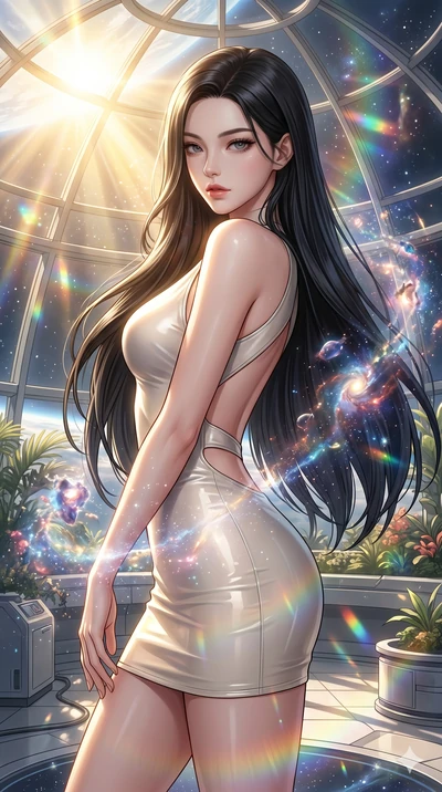 score_9, masterpiece, best quality, ultra-detailed, high-budget anime keyframe, editorial fashion photography, tasteful artistic composition, Korean woman. Upper body close-up from the thighs up, character filling the screen for maximum presence. She